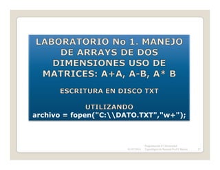 archivo = fopen("C:DATO.TXT","w+");

01/07/2014

Programación II Universidad
Tegnológica de Panamá Prof E Batista

27

 