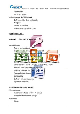 Programación de TECNOLOGIA E INFORMATICA   Ingeniero de sistemas: Camilo García

      Letra capital
      Tabla de contenido
Configuración del documento
      Definir medidas de la publicación
      Márgenes
      Diseño de cornisas
      Insertar sonido y animaciones


QUINTO GRADO


INTERNET CONCEPTOS BASICOS


Generalidades.
      Red de computadores
      Descripción del Configuración de una red
      Ventajas que ofrecen las redes y características
      Las cuentas de usuario en Windows
      Internet. Definición y reseña histórica
      Correo electrónico y creación de una cuenta en Hotmail.com
      Las direcciones en INTERNET y su estructura general
      MODEM y sus características de trabajo
      Tipos de conexión a la WEB
      Navegadores o Browser
      Vocabulario
      Software Microsoft Learning
      Ejercicios Prácticos


PROGRAMANDO. CON “LOGO”
Generalidades.
      Reconocimiento del entorno de trabajo
      Partes de la ventana de trabajo
Comandos
      Elipse
 