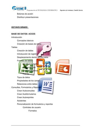 Programación de TECNOLOGIA E INFORMATICA   Ingeniero de sistemas: Camilo García

      Botones de acción
      Distribuir presentaciones




OCTAVO GRADO


BASE DE DATOS: ACCES
Introducción
      Conceptos básicos
      Creación de bases de datos
Tablas
      Creación de tablas
      Introducción de registros
      Desplazamiento dentro de una tabla
      Formato de tablas
               Modificar tamaño
               Mover campos
               Ordenar registros
               Fuente
      Tipos de datos
      Propiedades de los campo
      Relaciones entre tablas
Consultas, Formularios y Reportes
      Crear Autoconsultas
      Crear Autoformularios
      Crear Autoreportes
      Asistentes
      Personalización de formularios y reportes
               Controles de usuario
                     Formatos
 