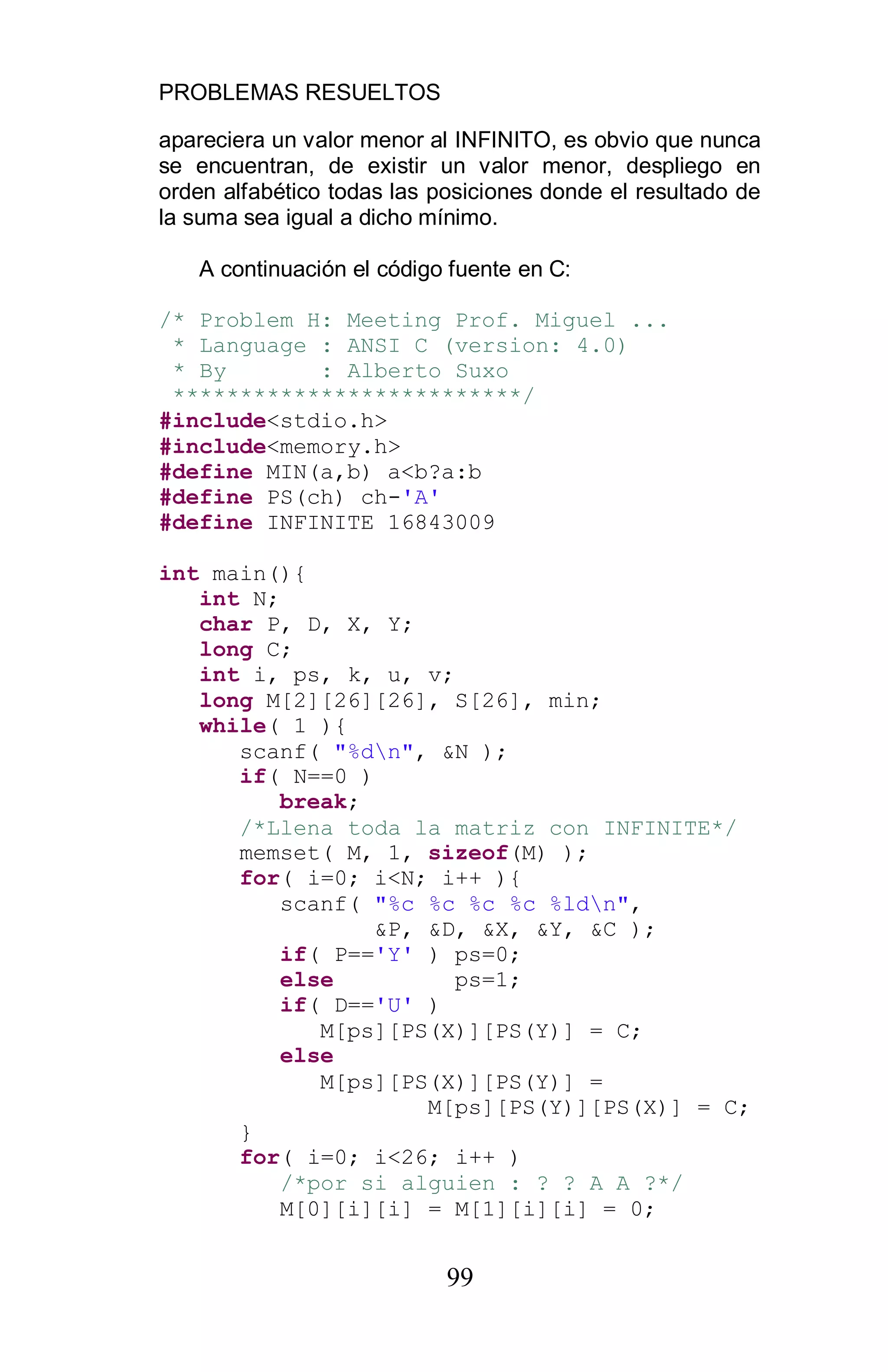 PROBLEMAS RESUELTOS
99
apareciera un valor menor al INFINITO, es obvio que nunca
se encuentran, de existir un valor menor, despliego en
orden alfabético todas las posiciones donde el resultado de
la suma sea igual a dicho mínimo.
A continuación el código fuente en C:
/* Problem H: Meeting Prof. Miguel ...
* Language : ANSI C (version: 4.0)
* By : Alberto Suxo
**************************/
#include<stdio.h>
#include<memory.h>
#define MIN(a,b) a<b?a:b
#define PS(ch) ch-'A'
#define INFINITE 16843009
int main(){
int N;
char P, D, X, Y;
long C;
int i, ps, k, u, v;
long M[2][26][26], S[26], min;
while( 1 ){
scanf( "%dn", &N );
if( N==0 )
break;
/*Llena toda la matriz con INFINITE*/
memset( M, 1, sizeof(M) );
for( i=0; i<N; i++ ){
scanf( "%c %c %c %c %ldn",
&P, &D, &X, &Y, &C );
if( P=='Y' ) ps=0;
else ps=1;
if( D=='U' )
M[ps][PS(X)][PS(Y)] = C;
else
M[ps][PS(X)][PS(Y)] =
M[ps][PS(Y)][PS(X)] = C;
}
for( i=0; i<26; i++ )
/*por si alguien : ? ? A A ?*/
M[0][i][i] = M[1][i][i] = 0;
 