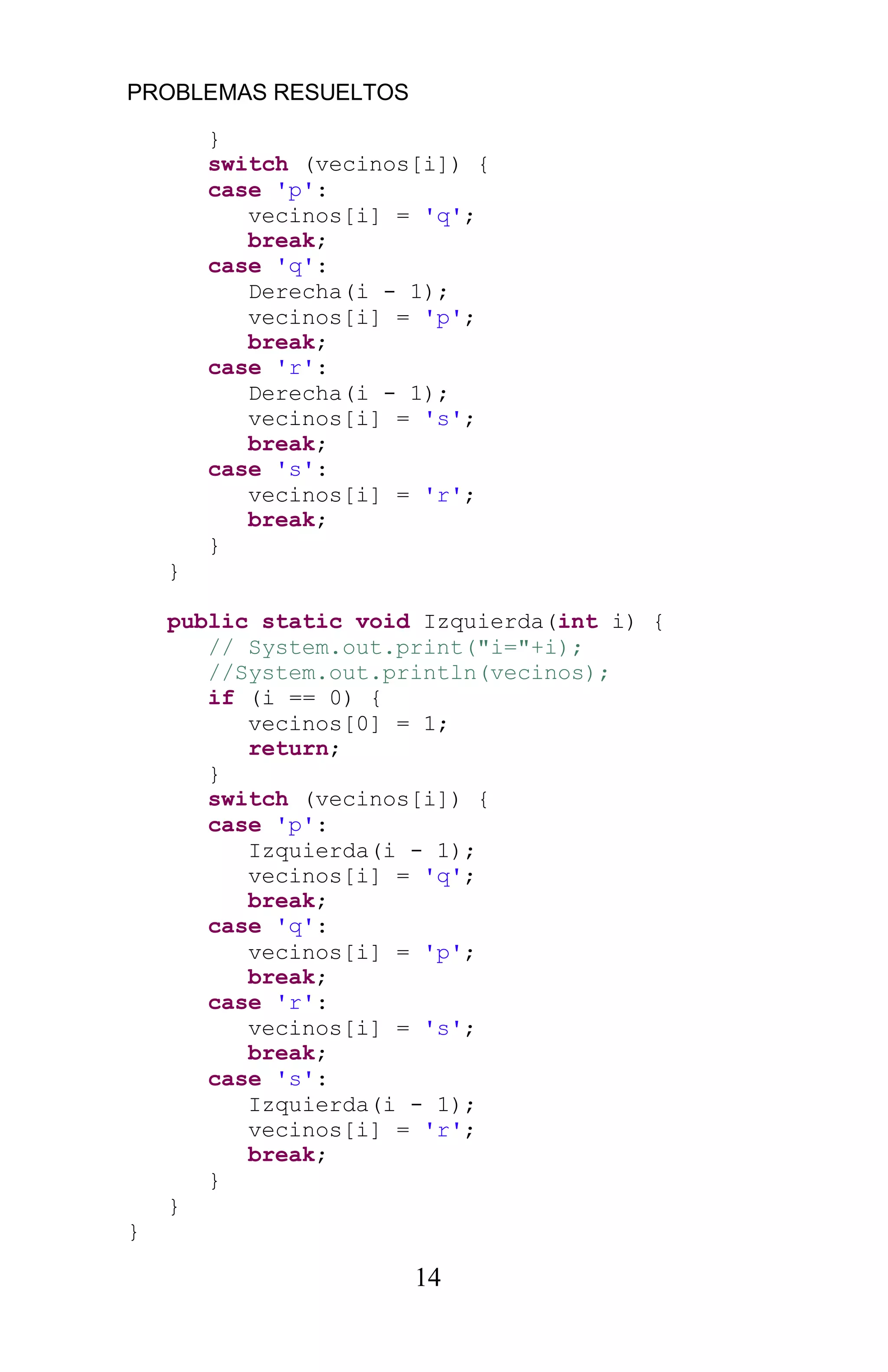 PROBLEMAS RESUELTOS
14
}
switch (vecinos[i]) {
case 'p':
vecinos[i] = 'q';
break;
case 'q':
Derecha(i - 1);
vecinos[i] = 'p';
break;
case 'r':
Derecha(i - 1);
vecinos[i] = 's';
break;
case 's':
vecinos[i] = 'r';
break;
}
}
public static void Izquierda(int i) {
// System.out.print("i="+i);
//System.out.println(vecinos);
if (i == 0) {
vecinos[0] = 1;
return;
}
switch (vecinos[i]) {
case 'p':
Izquierda(i - 1);
vecinos[i] = 'q';
break;
case 'q':
vecinos[i] = 'p';
break;
case 'r':
vecinos[i] = 's';
break;
case 's':
Izquierda(i - 1);
vecinos[i] = 'r';
break;
}
}
}
 