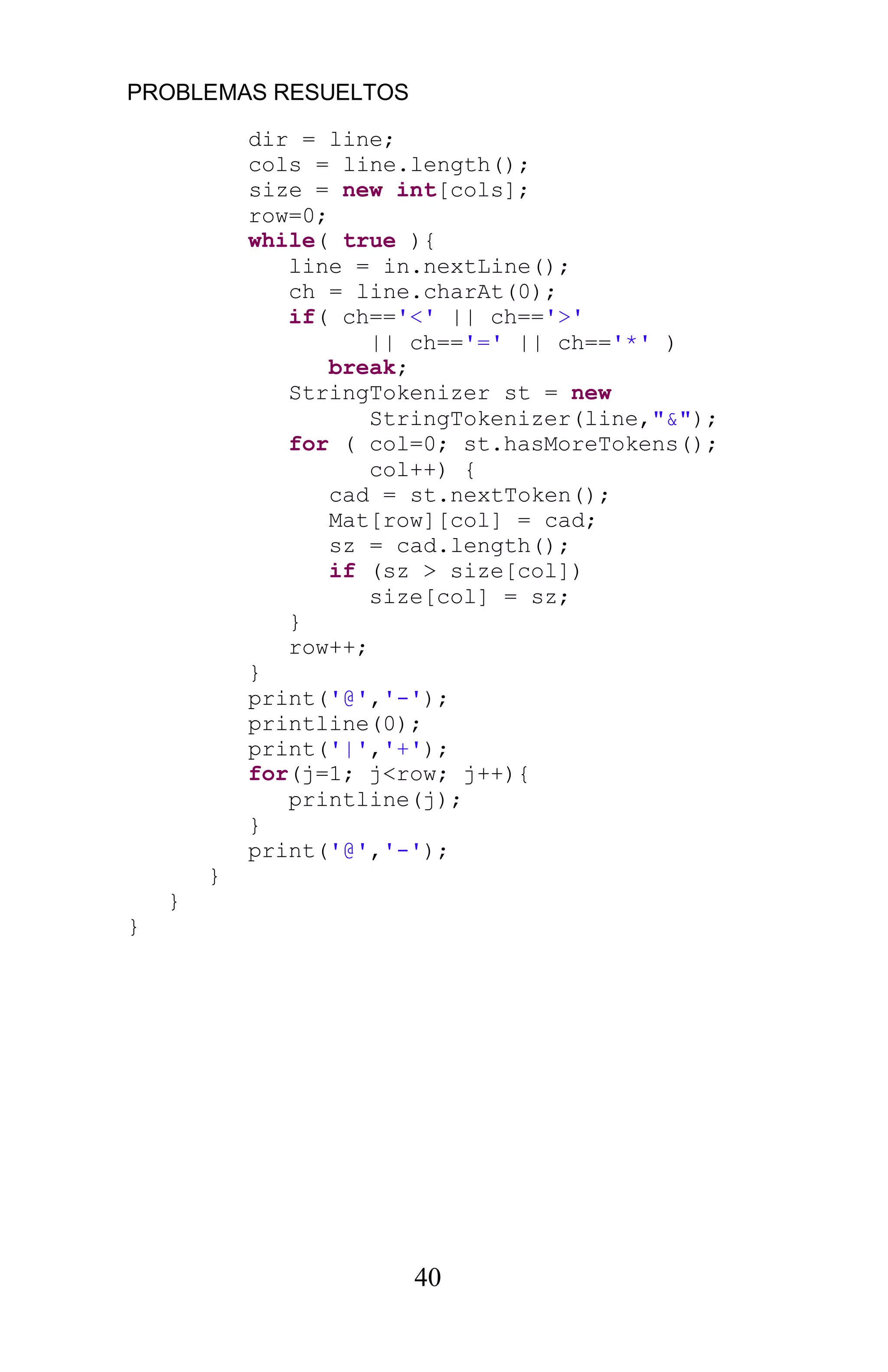 PROBLEMAS RESUELTOS
40
dir = line;
cols = line.length();
size = new int[cols];
row=0;
while( true ){
line = in.nextLine();
ch = line.charAt(0);
if( ch=='<' || ch=='>'
|| ch=='=' || ch=='*' )
break;
StringTokenizer st = new
StringTokenizer(line,"&");
for ( col=0; st.hasMoreTokens();
col++) {
cad = st.nextToken();
Mat[row][col] = cad;
sz = cad.length();
if (sz > size[col])
size[col] = sz;
}
row++;
}
print('@','-');
printline(0);
print('|','+');
for(j=1; j<row; j++){
printline(j);
}
print('@','-');
}
}
}
 