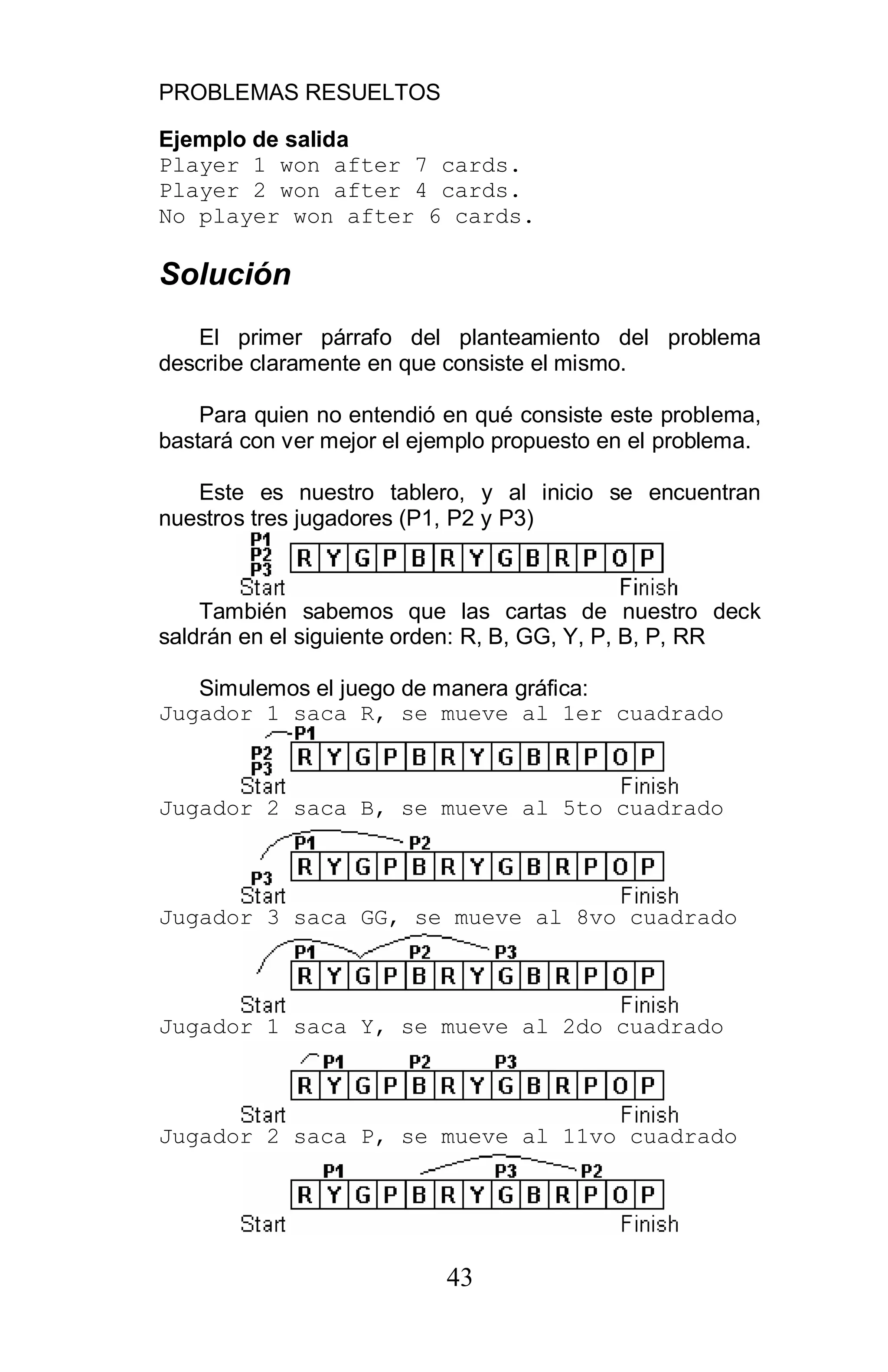 PROBLEMAS RESUELTOS
43
Ejemplo de salida
Player 1 won after 7 cards.
Player 2 won after 4 cards.
No player won after 6 cards.
Solución
El primer párrafo del planteamiento del problema
describe claramente en que consiste el mismo.
Para quien no entendió en qué consiste este problema,
bastará con ver mejor el ejemplo propuesto en el problema.
Este es nuestro tablero, y al inicio se encuentran
nuestros tres jugadores (P1, P2 y P3)
También sabemos que las cartas de nuestro deck
saldrán en el siguiente orden: R, B, GG, Y, P, B, P, RR
Simulemos el juego de manera gráfica:
Jugador 1 saca R, se mueve al 1er cuadrado
Jugador 2 saca B, se mueve al 5to cuadrado
Jugador 3 saca GG, se mueve al 8vo cuadrado
Jugador 1 saca Y, se mueve al 2do cuadrado
Jugador 2 saca P, se mueve al 11vo cuadrado
 