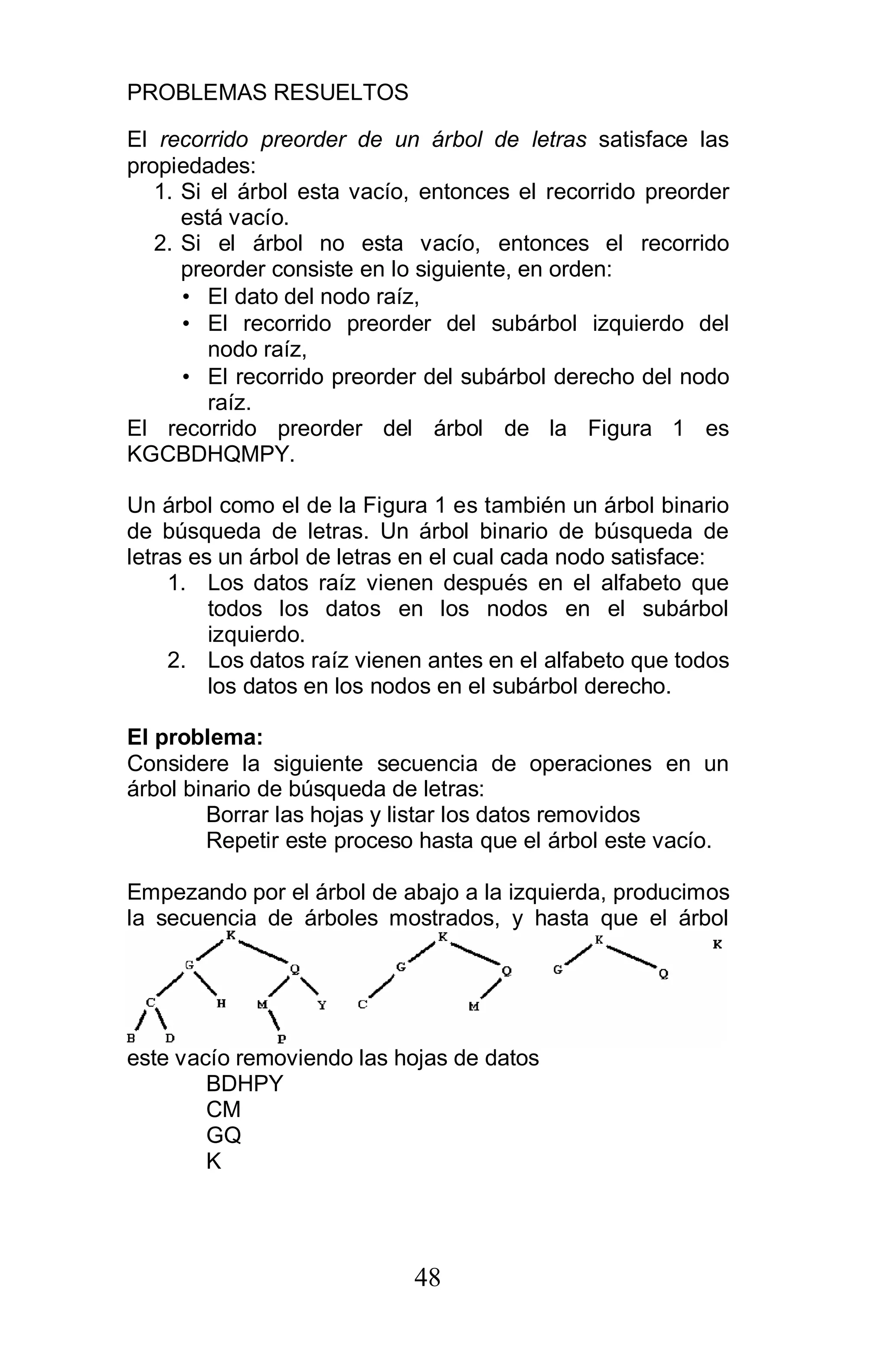 PROBLEMAS RESUELTOS
48
El recorrido preorder de un árbol de letras satisface las
propiedades:
1. Si el árbol esta vacío, entonces el recorrido preorder
está vacío.
2. Si el árbol no esta vacío, entonces el recorrido
preorder consiste en lo siguiente, en orden:
• El dato del nodo raíz,
• El recorrido preorder del subárbol izquierdo del
nodo raíz,
• El recorrido preorder del subárbol derecho del nodo
raíz.
El recorrido preorder del árbol de la Figura 1 es
KGCBDHQMPY.
Un árbol como el de la Figura 1 es también un árbol binario
de búsqueda de letras. Un árbol binario de búsqueda de
letras es un árbol de letras en el cual cada nodo satisface:
1. Los datos raíz vienen después en el alfabeto que
todos los datos en los nodos en el subárbol
izquierdo.
2. Los datos raíz vienen antes en el alfabeto que todos
los datos en los nodos en el subárbol derecho.
El problema:
Considere la siguiente secuencia de operaciones en un
árbol binario de búsqueda de letras:
Borrar las hojas y listar los datos removidos
Repetir este proceso hasta que el árbol este vacío.
Empezando por el árbol de abajo a la izquierda, producimos
la secuencia de árboles mostrados, y hasta que el árbol
este vacío removiendo las hojas de datos
BDHPY
CM
GQ
K
 
