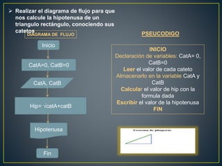 Realizar el diagrama de flujo para que
nos calcule la hipotenusa de un
triangulo rectángulo, conociendo sus
catetos
CatA=0, CatB=0
CatA, CatB
Hip= √catA+catB
Hipotenusa
Inicio
Fin
INICIO
Declaración de variables: CatA= 0,
CatB=0
Leer el valor de cada cateto
Almacenarlo en la variable CatA y
CatB
Calcular el valor de hip con la
formula dada
Escribir el valor de la hipotenusa
FIN
PSEUCODIGODIAGRAMA DE FLUJO
 