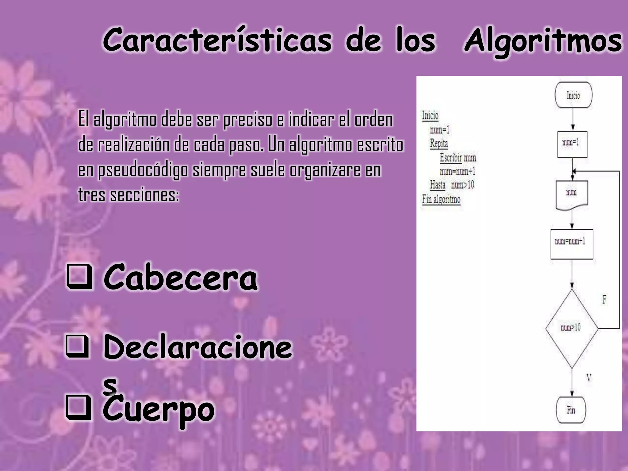 Características de los Algoritmos

El algoritmo debe ser preciso e indicar el orden
de realización de cada paso. Un algoritmo escrito
en pseudocódigo siempre suele organizare en
tres secciones:



 Cabecera
 Declaracione
  s
 Cuerpo
 