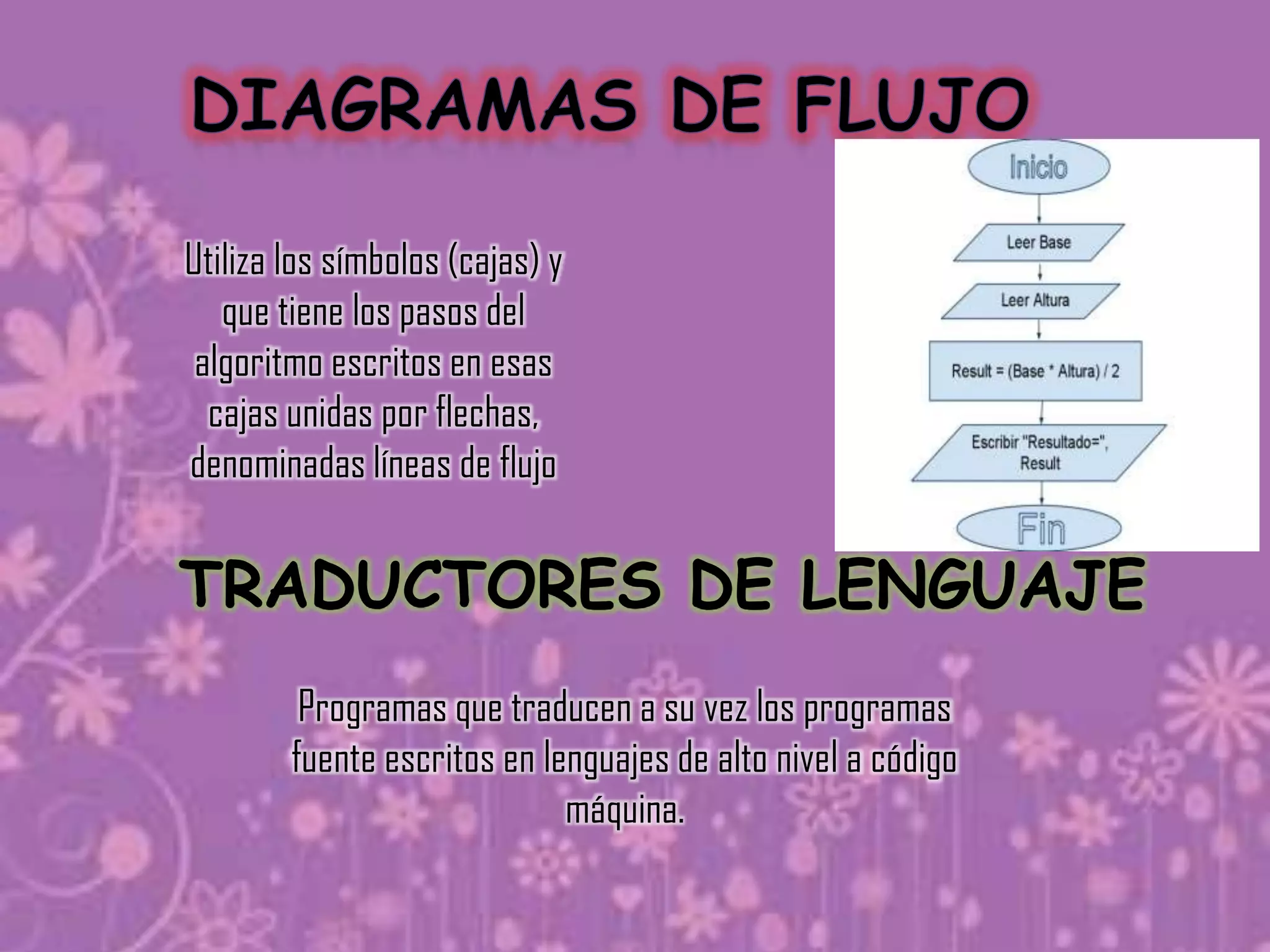 Utiliza los símbolos (cajas) y
   que tiene los pasos del
 algoritmo escritos en esas
  cajas unidas por flechas,
denominadas líneas de flujo


TRADUCTORES DE LENGUAJE
         Programas que traducen a su vez los programas
        fuente escritos en lenguajes de alto nivel a código
                             máquina.
 