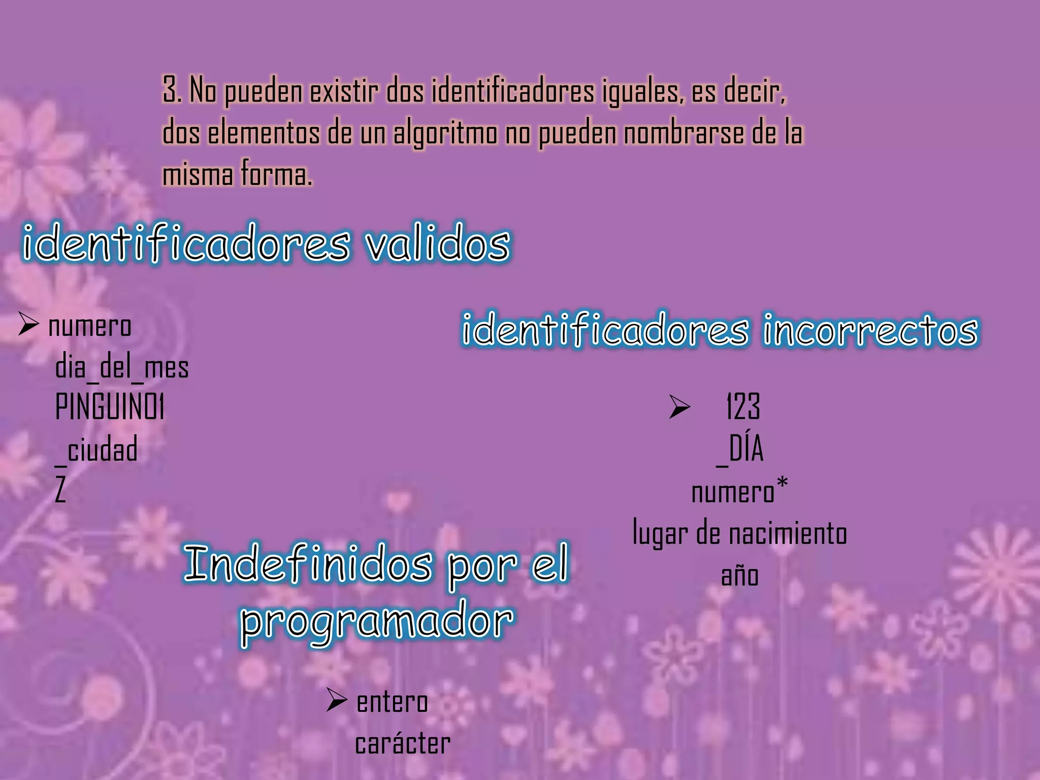 3. No pueden existir dos identificadores iguales, es decir,
           dos elementos de un algoritmo no pueden nombrarse de la
           misma forma.



 numero
   dia_del_mes
   PINGUINO1                                              123
   _ciudad                                                    _DÍA
   Z                                                       numero*
                                                      lugar de nacimiento
                                                              año


                          entero
                           carácter
 