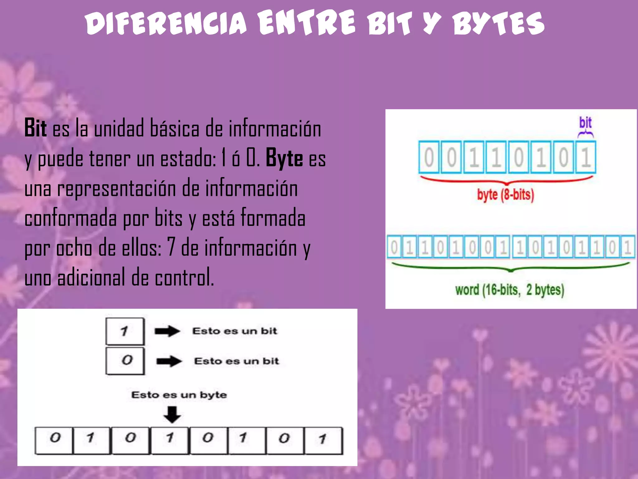 DIFERENCIA ENTRE BIT Y BYTES


Bit es la unidad básica de información
y puede tener un estado: 1 ó 0. Byte es
una representación de información
conformada por bits y está formada
por ocho de ellos: 7 de información y
uno adicional de control.
 