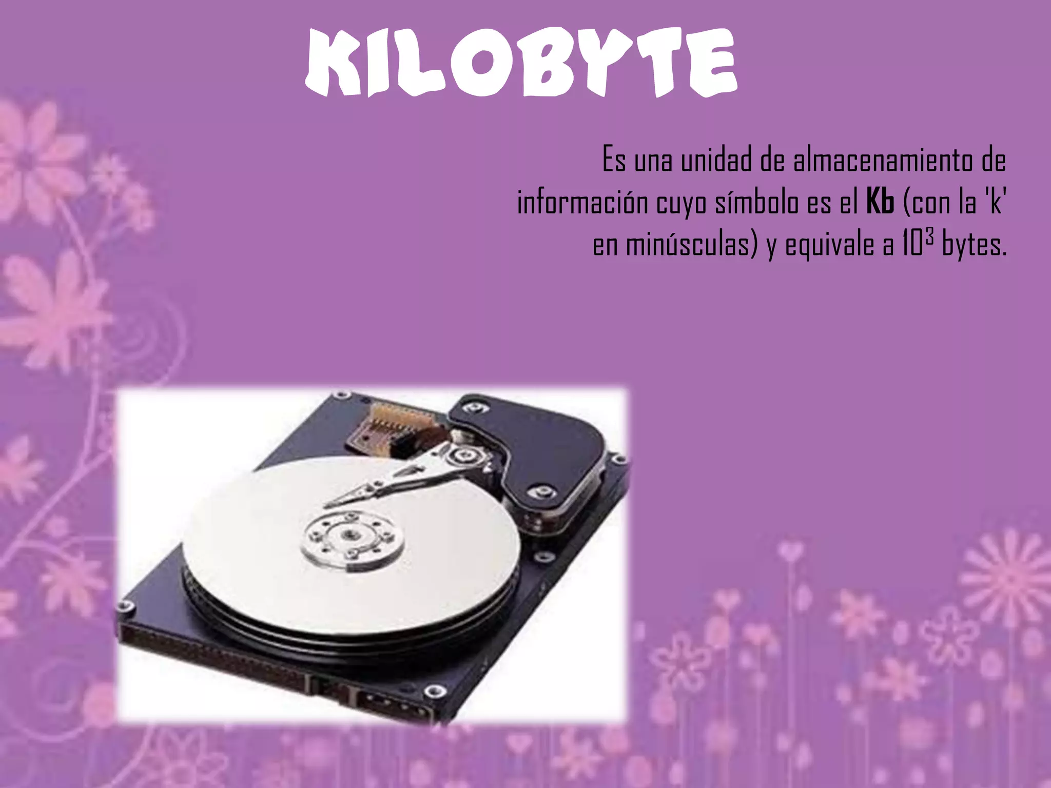 Kilobyte
          Es una unidad de almacenamiento de
   información cuyo símbolo es el Kb (con la 'k'
         en minúsculas) y equivale a 103 bytes.
 