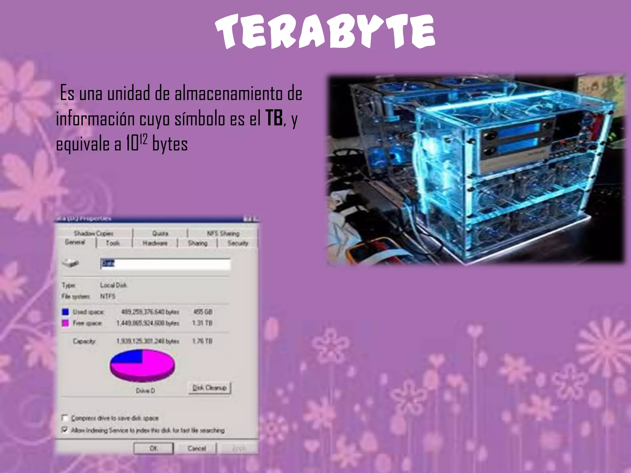 Terabyte
 Es una unidad de almacenamiento de
información cuyo símbolo es el TB, y
equivale a 1012 bytes
 