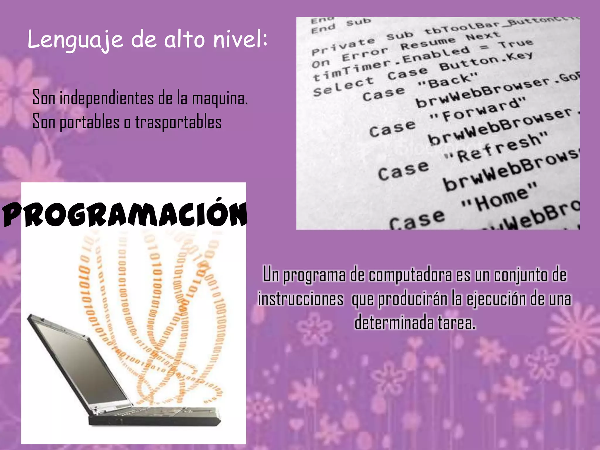 Lenguaje de alto nivel:

 Son independientes de la maquina.
 Son portables o trasportables



Programación
                                      Un programa de computadora es un conjunto de
                                     instrucciones que producirán la ejecución de una
                                                   determinada tarea.
 