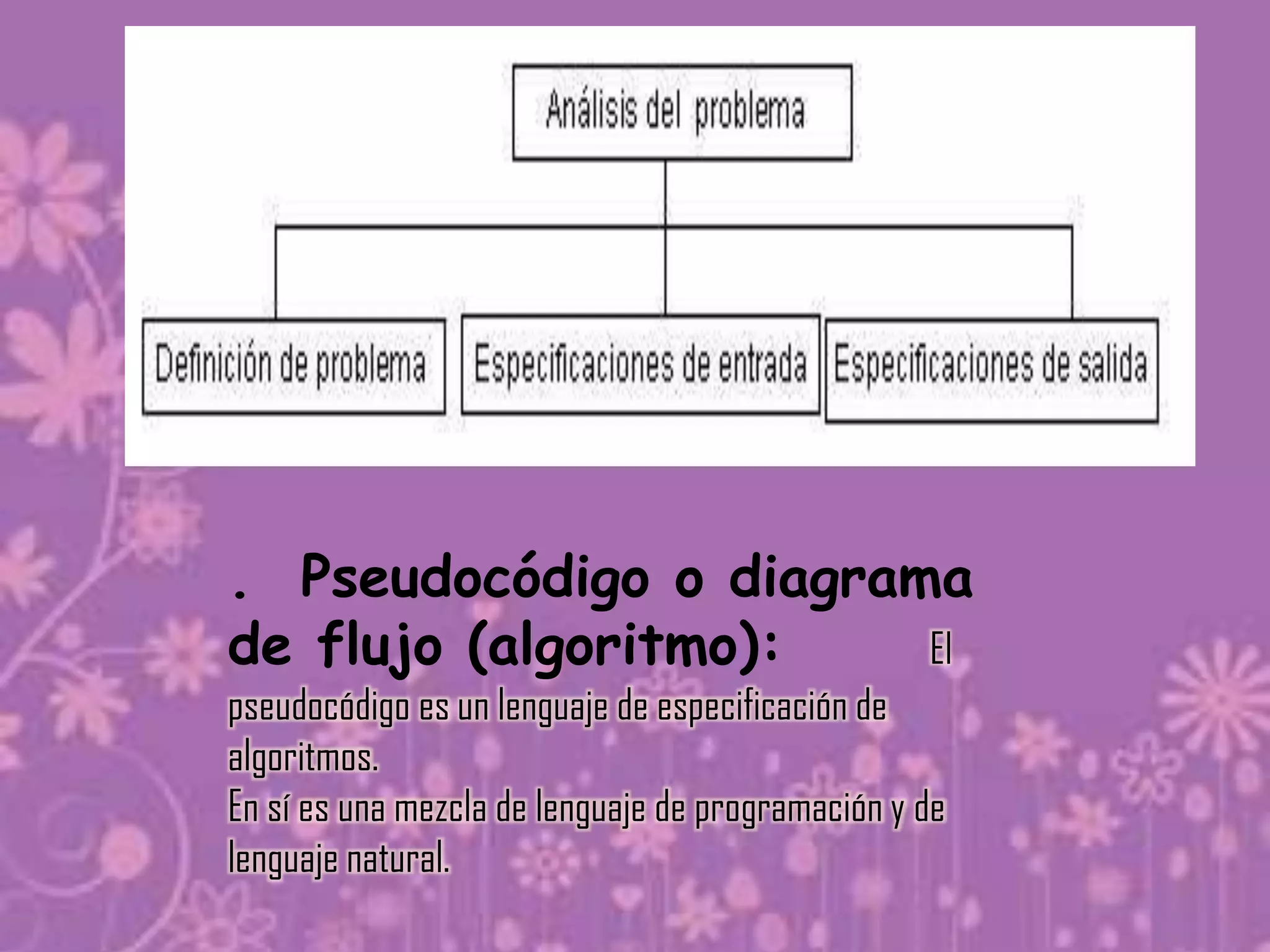 . Pseudocódigo o diagrama
de flujo (algoritmo):   El
pseudocódigo es un lenguaje de especificación de
algoritmos.
En sí es una mezcla de lenguaje de programación y de
lenguaje natural.
 