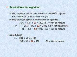 Restricciones del Algoritmo a) Solo se puede utilizar para maximizar la función objetivo.   Para minimizar se debe maximizar (-z). b) Solo se puede aplicar a restricciones de igualdad.   2x1 + X2  +   S1  =1200  ;S1 = Var. de holgura  <=  3X1 + 4X2  +   S2  = 2400 ;S2 = Var de holgura   X1  +  X2  +   S3  = 800  ;S3 = Var de holgura (caso ficticio) >=  2X1 + x2 >= 100   2X1 + X2  -   S4  = 100  ;S4 = Var de exceso 