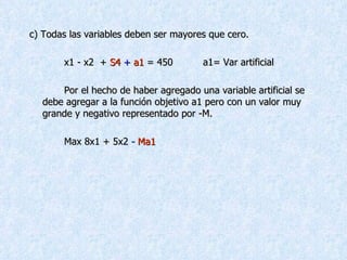 c) Todas las variables deben ser mayores que cero. x1 - x2  +  S4   +  a1  = 450 a1= Var artificial Por el hecho de haber agregado una variable artificial se debe agregar a la función objetivo a1 pero con un valor muy grande y negativo representado por -M. Max 8x1 + 5x2  -   Ma1 