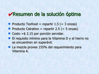  Resumen de la solución óptima Producto Texfood = repartir 1.5 (= 3 onzas) Producto Calration = repartir 2.5 (= 5 onzas) Costo =$ 2.15 por porción servidar. El requisito mínimo para la Vitamina D y el hierro no se encuentren en superávit. La mezcla provee 155% del requerimiento para Vitamina A. 