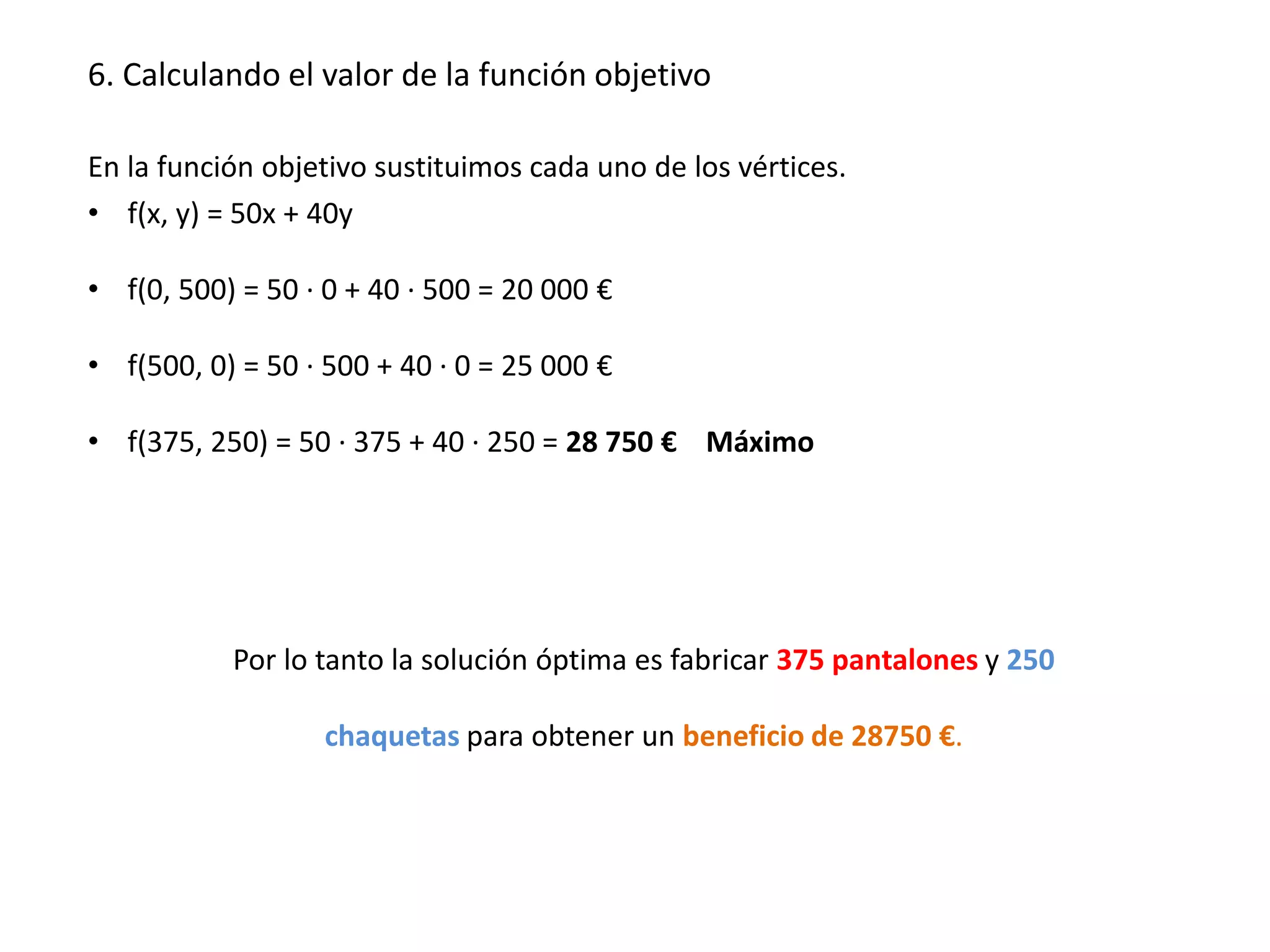 En la función objetivo sustituimos cada uno de los vértices.
• f(x, y) = 50x + 40y
• f(0, 500) = 50 · 0 + 40 · 500 = 20 000 €
• f(500, 0) = 50 · 500 + 40 · 0 = 25 000 €
• f(375, 250) = 50 · 375 + 40 · 250 = 28 750 € Máximo
Por lo tanto la solución óptima es fabricar 375 pantalones y 250
chaquetas para obtener un beneficio de 28750 €.
6. Calculando el valor de la función objetivo
 