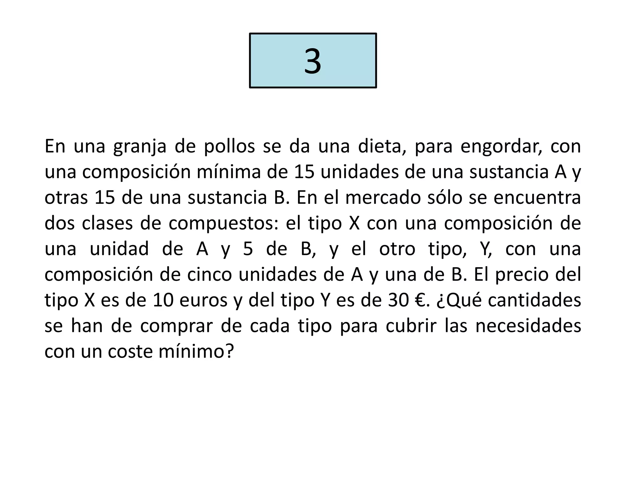 En una granja de pollos se da una dieta, para engordar, con
una composición mínima de 15 unidades de una sustancia A y
otras 15 de una sustancia B. En el mercado sólo se encuentra
dos clases de compuestos: el tipo X con una composición de
una unidad de A y 5 de B, y el otro tipo, Y, con una
composición de cinco unidades de A y una de B. El precio del
tipo X es de 10 euros y del tipo Y es de 30 €. ¿Qué cantidades
se han de comprar de cada tipo para cubrir las necesidades
con un coste mínimo?
3
 