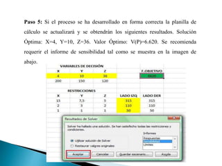 Paso 5: Si el proceso se ha desarrollado en forma correcta la planilla de
cálculo se actualizará y se obtendrán los siguientes resultados. Solución
Óptima: X=4, Y=10, Z=36. Valor Óptimo: V(P)=6.620. Se recomienda
requerir el informe de sensibilidad tal como se muestra en la imagen de
abajo.
 