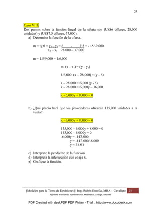 [Modelos para la Toma de Decisiones] | Ing. Rubén Estrella, MBA – Cavaliere 24
Ingeniero de Sistemas, Administrador, Matemático, Teólogo y Maestro
24
Caso VIII.
Dos puntos sobre la función lineal de la oferta son (US$6 dólares, 28,000
unidades) y (US$7.5 dólares, 37,000).
a) Determine la función de la oferta.
m = tg θ = y2 – y1 = 6 - 7.5 = -1.5/-9,000
x2 – x1 28,000 – 37,000
m = 1.5/9,000 = 1/6,000
m (x – x1) = (y – y1)
1/6,000 (x – 28,000) = (y – 6)
x – 28,000 = 6,000 (y - 6)
x – 28,000 = 6,000y – 36,000
x - 6,000y + 8,000 = 0
b) ¿Qué precio hará que los proveedores ofrezcan 135,000 unidades a la
venta?
x - 6,000y + 8,000 = 0
135,000 – 6,000y + 8,000 = 0
143,000 – 6,000y = 0
-6,000y = -143,000
y = -143,000/-6,000
y = 23.83
c) Interprete la pendiente de la función.
d) Interprete la intersección con el eje x.
e) Grafique la función.
PDF Created with deskPDF PDF Writer - Trial :: http://www.docudesk.com
 