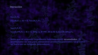 Iteración



fac(0,1).
fac(N,F) :- N > 0, fac(N,1,F).


fac(1,F,F).
fac(N,PP,F) :- N > 1, NPp is N*PP, M is N-1, fac(M,NPp,F).


Note que el segundo argumento funciona como acumulador. El
acumulador se usa para almacenar productos parciales tal y como
se haría en un lenguaje procedural.
 