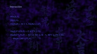 Iteración



ffib(0,1).
fib(1,1).
fib(N,F) :- N > 1, fib(N,1,1,F)


fib(2,F1,F2,F) :- F is F1 + F2.
fib(N,F1,F2,F) :- N > 2, N1 is N - 1, NF1 is F1 + F2,
  fib(N1,NF1,F1,F).
 
