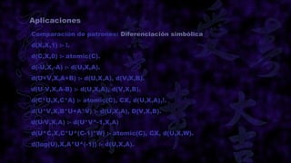 Aplicaciones
Comparación de patrones: Diferenciación simbólica
d(X,X,1) :- !.
d(C,X,0) :- atomic(C).
d(-U,X,-A) :- d(U,X,A).
d(U+V,X,A+B) :- d(U,X,A), d(V,X,B).
d(U-V,X,A-B) :- d(U,X,A), d(V,X,B).
d(C*U,X,C*A) :- atomic(C), CX, d(U,X,A),!.
d(U*V,X,B*U+A*V) :- d(U,X,A), D(V,X,B).
d(U/V,X,A) :- d(U*V^-1,X,A)
d(U^C,X,C*U^(C-1)*W) :- atomic(C), CX, d(U,X,W).
d(log(U),X,A*U^(-1)) :- d(U,X,A).
 