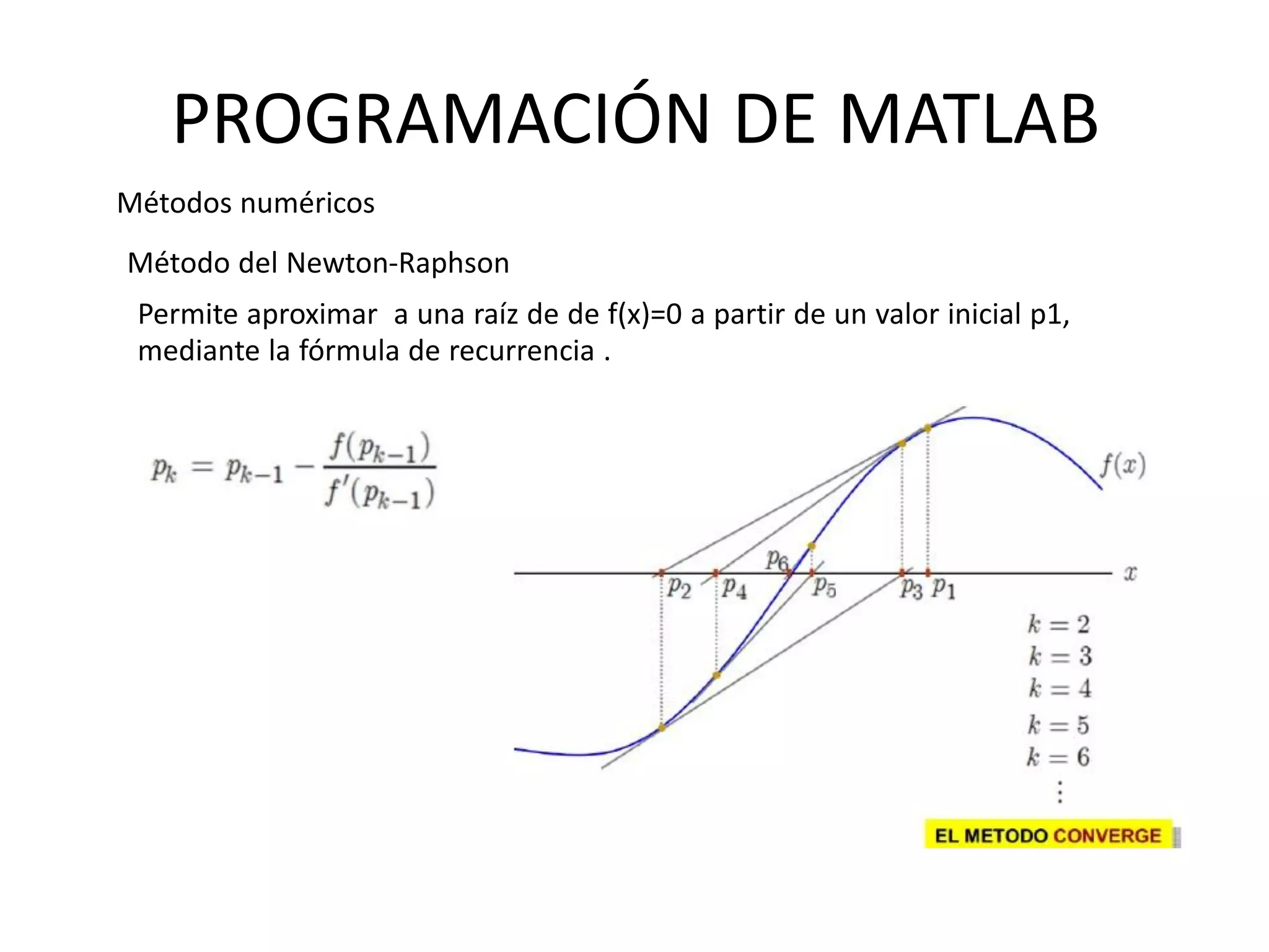 PROGRAMACIÓN DE MATLAB
Métodos numéricos
Método del Newton-Raphson
Permite aproximar a una raíz de de f(x)=0 a partir de un valor inicial p1,
mediante la fórmula de recurrencia .
 