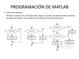 Permiten realizar una u otra operación según se cumpla o no determinada condición.
Las siguientes figuras nos muestran tres posibles formas de bifurcación.
2. Estructura Selectiva:
PROGRAMACIÓN DE MATLAB
 