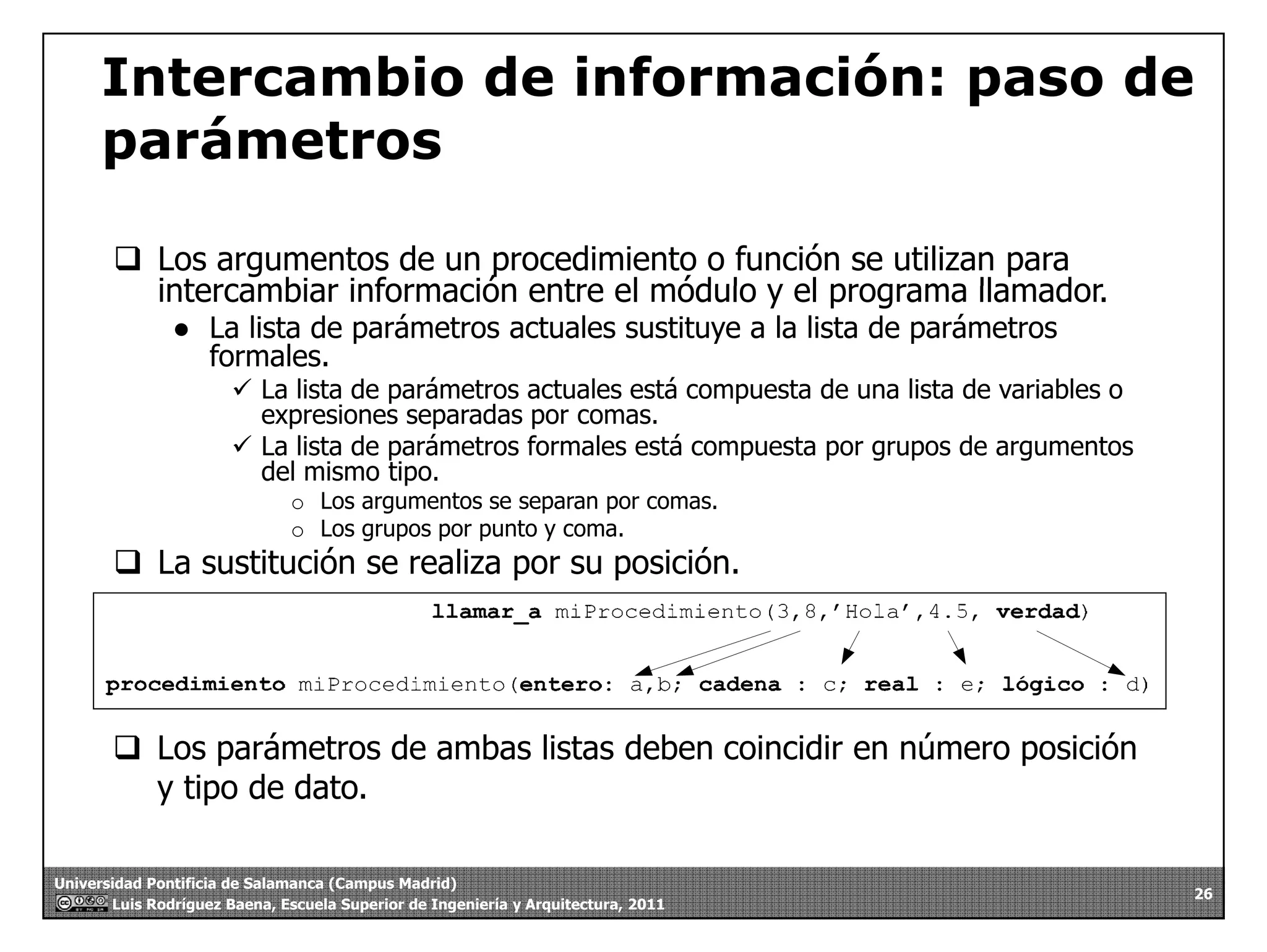 Intercambio de información: paso de 
parámetros 
‰ Los argumentos de un procedimiento o función se utilizan para 
intercambiar información entre el módulo y el programa llamador. 
● La lista de parámetros actuales sustituye a la lista de parámetros 
formales. 
9 La lista de parámetros actuales está compuesta de una lista de variables o 
expresiones separadas por comas. 
9 La lista de parámetros formales está compuesta por grupos de argumentos 
del mismo tipo. 
o Los argumentos se separan por comas. 
o Los grupos por punto y coma. 
‰ La sustitución se realiza por su posición. 
‰ Los parámetros de ambas listas deben coincidir en número posición 
y dato 
Universidad Pontificia de Salamanca (Campus Madrid) 
Luis Rodríguez Baena, Escuela Superior de Ingeniería y Arquitectura, 2011 
26 
tipo de dato. 
 