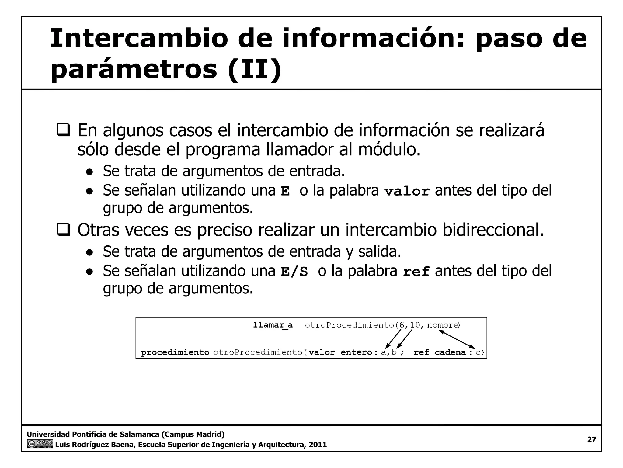 Intercambio de información: paso de 
parámetros (II) 
‰ En algunos casos el intercambio de información se realizará 
sólo desde el programa llamador al módulo. 
● Se trata de argumentos de entrada. 
● Se señalan utilizando una E o la palabra valor antes del tipo del 
grupo de argumentos. 
‰ Otras veces es preciso realizar un intercambio bidireccional. 
● Se trata de argumentos de entrada y salida. 
● Se señalan utilizando una E/S o la palabra ref antes del tipo del 
grupo de argumentos. 
Universidad Pontificia de Salamanca (Campus Madrid) 
Luis Rodríguez Baena, Escuela Superior de Ingeniería y Arquitectura, 2011 
27 
 