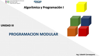 PROGRAMACION MODULAR
Ing. Lisbeth Carrasquero
UNIDAD III
Algorítmica y Programación I
 