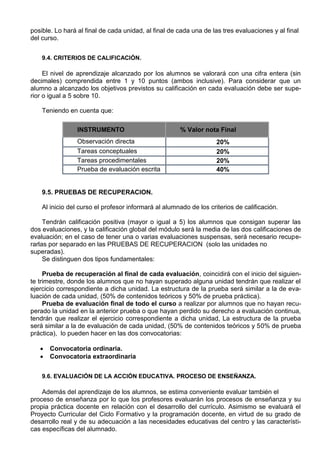 posible. Lo hará al final de cada unidad, al final de cada una de las tres evaluaciones y al final
del curso.


    9.4. CRITERIOS DE CALIFICACIÓN.

     El nivel de aprendizaje alcanzado por los alumnos se valorará con una cifra entera (sin
decimales) comprendida entre 1 y 10 puntos (ambos inclusive). Para considerar que un
alumno a alcanzado los objetivos previstos su calificación en cada evaluación debe ser supe-
rior o igual a 5 sobre 10.

    Teniendo en cuenta que:

                 INSTRUMENTO                          % Valor nota Final
                 Observación directa                                20%
                 Tareas conceptuales                                20%
                 Tareas procedimentales                             20%
                 Prueba de evaluación escrita                       40%


    9.5. PRUEBAS DE RECUPERACION.

    Al inicio del curso el profesor informará al alumnado de los criterios de calificación.

     Tendrán calificación positiva (mayor o igual a 5) los alumnos que consigan superar las
dos evaluaciones, y la calificación global del módulo será la media de las dos calificaciones de
evaluación; en el caso de tener una o varias evaluaciones suspensas, será necesario recupe-
rarlas por separado en las PRUEBAS DE RECUPERACION (solo las unidades no
superadas).
     Se distinguen dos tipos fundamentales:

     Prueba de recuperación al final de cada evaluación, coincidirá con el inicio del siguien-
te trimestre, donde los alumnos que no hayan superado alguna unidad tendrán que realizar el
ejercicio correspondiente a dicha unidad. La estructura de la prueba será similar a la de eva-
luación de cada unidad, (50% de contenidos teóricos y 50% de prueba práctica).
     Prueba de evaluación final de todo el curso a realizar por alumnos que no hayan recu-
perado la unidad en la anterior prueba o que hayan perdido su derecho a evaluación continua,
tendrán que realizar el ejercicio correspondiente a dicha unidad, La estructura de la prueba
será similar a la de evaluación de cada unidad, (50% de contenidos teóricos y 50% de prueba
práctica), lo pueden hacer en las dos convocatorias:

      Convocatoria ordinaria.
      Convocatoria extraordinaria


    9.6. EVALUACIÓN DE LA ACCIÓN EDUCATIVA. PROCESO DE ENSEÑANZA.

    Además del aprendizaje de los alumnos, se estima conveniente evaluar también el
proceso de enseñanza por lo que los profesores evaluarán los procesos de enseñanza y su
propia práctica docente en relación con el desarrollo del currículo. Asimismo se evaluará el
Proyecto Curricular del Ciclo Formativo y la programación docente, en virtud de su grado de
desarrollo real y de su adecuación a las necesidades educativas del centro y las característi-
cas específicas del alumnado.
 
