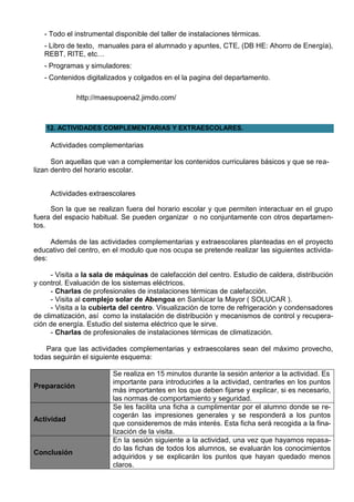 - Todo el instrumental disponible del taller de instalaciones térmicas.
   - Libro de texto, manuales para el alumnado y apuntes, CTE, (DB HE: Ahorro de Energía),
   REBT, RITE, etc…
   - Programas y simuladores:
   - Contenidos digitalizados y colgados en el la pagina del departamento.

              http://maesupoena2.jimdo.com/



    12. ACTIVIDADES COMPLEMENTARIAS Y EXTRAESCOLARES.

     Actividades complementarias

      Son aquellas que van a complementar los contenidos curriculares básicos y que se rea-
lizan dentro del horario escolar.


     Actividades extraescolares

     Son la que se realizan fuera del horario escolar y que permiten interactuar en el grupo
fuera del espacio habitual. Se pueden organizar o no conjuntamente con otros departamen-
tos.

     Además de las actividades complementarias y extraescolares planteadas en el proyecto
educativo del centro, en el modulo que nos ocupa se pretende realizar las siguientes activida-
des:

      - Visita a la sala de máquinas de calefacción del centro. Estudio de caldera, distribución
y control. Evaluación de los sistemas eléctricos.
      - Charlas de profesionales de instalaciones térmicas de calefacción.
      - Visita al complejo solar de Abengoa en Sanlúcar la Mayor ( SOLUCAR ).
      - Visita a la cubierta del centro. Visualización de torre de refrigeración y condensadores
de climatización, así como la instalación de distribución y mecanismos de control y recupera-
ción de energía. Estudio del sistema eléctrico que le sirve.
      - Charlas de profesionales de instalaciones térmicas de climatización.

    Para que las actividades complementarias y extraescolares sean del máximo provecho,
todas seguirán el siguiente esquema:

                         Se realiza en 15 minutos durante la sesión anterior a la actividad. Es
                         importante para introducirles a la actividad, centrarles en los puntos
Preparación
                         más importantes en los que deben fijarse y explicar, si es necesario,
                         las normas de comportamiento y seguridad.
                         Se les facilita una ficha a cumplimentar por el alumno donde se re-
                         cogerán las impresiones generales y se responderá a los puntos
Actividad
                         que consideremos de más interés. Esta ficha será recogida a la fina-
                         lización de la visita.
                         En la sesión siguiente a la actividad, una vez que hayamos repasa-
                         do las fichas de todos los alumnos, se evaluarán los conocimientos
Conclusión
                         adquiridos y se explicarán los puntos que hayan quedado menos
                         claros.
 