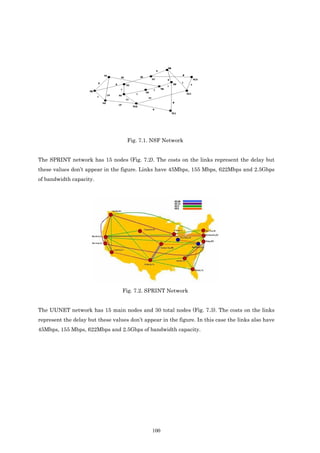 Fig. 7.1. NSF Network


The SPRINT network has 15 nodes (Fig. 7.2). The costs on the links represent the delay but
these values don’t appear in the figure. Links have 45Mbps, 155 Mbps, 622Mbps and 2.5Gbps
of bandwidth capacity.




                                  Fig. 7.2. SPRINT Network


The UUNET network has 15 main nodes and 30 total nodes (Fig. 7.3). The costs on the links
represent the delay but these values don’t appear in the figure. In this case the links also have
45Mbps, 155 Mbps, 622Mbps and 2.5Gbps of bandwidth capacity.




                                              100
 