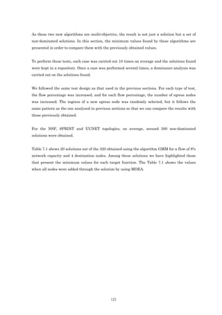 As these two new algorithms are multi-objective, the result is not just a solution but a set of
non-dominated solutions. In this section, the minimum values found by these algorithms are
presented in order to compare them with the previously obtained values.


To perform these tests, each case was carried out 10 times on average and the solutions found
were kept in a repository. Once a case was performed several times, a dominance analysis was
carried out on the solutions found.


We followed the same test design as that used in the previous sections. For each type of test,
the flow percentage was increased, and for each flow percentage, the number of egress nodes
was increased. The ingress of a new egress node was randomly selected, but it follows the
same pattern as the one analysed in previous sections so that we can compare the results with
those previously obtained.


For the NSF, SPRINT and UUNET topologies, on average, around 300 non-dominated
solutions were obtained.


Table 7.1 shows 20 solutions out of the 320 obtained using the algorithm GMM for a flow of 8%
network capacity and 4 destination nodes. Among these solutions we have highlighted those
that present the minimum values for each target function. The Table 7.1 shows the values
when all nodes were added through the solution by using MOEA.




                                             121
 