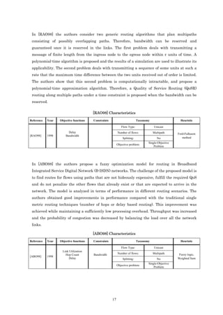 In [RAO98] the authors consider two generic routing algorithms that plan multipaths
 consisting of possibly overlapping paths. Therefore, bandwidth can be reserved and
 guaranteed once it is reserved in the links. The first problem deals with transmitting a
 message of finite length from the ingress node to the egress node within r units of time. A
 polynomial-time algorithm is proposed and the results of a simulation are used to illustrate its
 applicability. The second problem deals with transmitting a sequence of some units at such a
 rate that the maximum time difference between the two units received out of order is limited.
 The authors show that this second problem is computationally intractable, and propose a
 polynomial-time approximation algorithm. Therefore, a Quality of Service Routing (QoSR)
 routing along multiple paths under a time constraint is proposed when the bandwidth can be
 reserved.

                                         [RAO98] Characteristics
Reference   Year   Objective functions   Constraints                         Taxonomy                    Heuristic

                                                               Flow Type:                Unicast
                         Delay                              Number of flows:            Multipath      Ford-Fulkason
[RAO98]     1998       Bandwidth
                                                                Splitting:                 No             method
                                                                                    Single-Objective
                                                            Objective problem:
                                                                                        Problem




 In [ABO98] the authors propose a fuzzy optimization model for routing in Broadband
 Integrated Service Digital Network (B-ISDN) networks. The challenge of the proposed model is
 to find routes for flows using paths that are not hideously expensive, fulfill the required QoS
 and do not penalize the other flows that already exist or that are expected to arrive in the
 network. The model is analyzed in terms of performance in different routing scenarios. The
 authors obtained good improvements in performance compared with the traditional single
 metric routing techniques (number of hops or delay based routing). This improvement was
 achieved while maintaining a sufficiently low processing overhead. Throughput was increased
 and the probability of congestion was decreased by balancing the load over all the network
 links.

                                         [ABO98] Characteristics
Reference   Year   Objective functions   Constraints                         Taxonomy                    Heuristic

                                                               Flow Type:                Unicast
                     Link Utilization
                       Hop Count         Bandwidth          Number of flows:            Multipath       Fuzzy logic,
[ABO98]     1998
                          Delay                                 Splitting:                 No          Weighted Sum
                                                                                    Single-Objective
                                                            Objective problem:
                                                                                        Problem




                                                       17
 