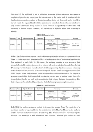 five steps: a) the multipath P set is initialized as empty, b) the maximum flow graph is
 obtained, c) the shortest route from the ingress node to the egress node is obtained, d) the
 bandwidth consumption obtained in the maximum flow of step b is decreased, and e) step (d) is
 repeated until the required bandwidth for transmission is reached. The results presented show
 very similar end-to-end delay values to those obtained independently whether the load
 balancing is applied or not. However, link utilization is improved when load balancing is
 applied.

                                         [CHE01] Characteristics
Reference   Year   Objective functions    Constraints                         Taxonomy                    Heuristic

                                                                Flow Type:                Unicast

                         Delay            Bandwidth          Number of flows:            Multipath      Max-flow and
[CHE01]     2001
                                                                 Splitting:                Yes          shortest path
                                                                                     Single-Objective
                                                             Objective problem:
                                                                                         Problem




 In [WAN01a] the authors present a multi-objective optimization scheme to transport unicast
 flows. In this scheme they consider the MLU (α) and the selection of best routes based on the
 flow assigned to each link. In this paper the authors consider a new approach that
 accomplishes traffic engineering objectives without full mesh overlaying. Instead of overlaying
 IP routing over the logical virtual network traffic engineering objectives such as balancing
 traffic distribution are achieved by manipulating link metrics for IP routing protocols such as
 OSPF. In this paper, they present a formal analysis of the integrated approach, and propose a
 systematic method for deriving the link metrics that convert a set of optimal routes for traffic
 demands into the shortest path with respect to the link weights that pass through them. The
 link weights can be calculated by solving the dual of a linear programming formulation.

                                         [WAN01a] Characteristics
Reference   Year   Objective functions    Constraints                         Taxonomy                    Heuristic

                                                                Flow Type:                Unicast
                    Link Utilization                                                                       Linear
                       Bandwidth          Bandwidth          Number of flows:            Multipath
[WAN01a]    2001                                                                                        Programming,
                    Flow assignation                             Splitting:                Yes          Weighted Sum
                                                                                     Single-Objective
                                                             Objective problem:
                                                                                         Problem




 In [LEE02] the authors propose a method for transporting unicast flows. The constraint of a
 maximum number of hops is added to the minimization of the MLU (α). Moreover, the traffic is
 divided between multiple routes in a discrete way. This division simplifies implementing the
 solution. The behavior of five approaches are analyzed: Shortest path based on non-




                                                        20
 