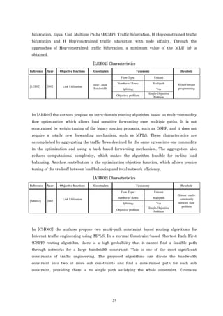 bifurcation, Equal Cost Multiple Paths (ECMP), Traffic bifurcation, H Hop-constrained traffic
 bifurcation and H Hop-constrained traffic bifurcation with node affinity. Through the
 approaches of Hop-constrained traffic bifurcation, a minimum value of the MLU (α) is
 obtained.

                                         [LEE02] Characteristics
Reference   Year   Objective functions   Constraints                         Taxonomy                    Heuristic

                                                               Flow Type:                Unicast
                                                            Number of flows:            Multipath      Mixed-integer
                                         Hop Count
[LEE02]     2002     Link Utilization
                                         Bandwidth              Splitting:                Yes          programming
                                                                                    Single-Objective
                                                            Objective problem:
                                                                                        Problem




 In [ABR02] the authors propose an intra-domain routing algorithm based on multi-commodity
 flow optimization which allows load sensitive forwarding over multiple paths. It is not
 constrained by weight-tuning of the legacy routing protocols, such as OSPF, and it does not
 require a totally new forwarding mechanism, such as MPLS. These characteristics are
 accomplished by aggregating the traffic flows destined for the same egress into one commodity
 in the optimization and using a hash based forwarding mechanism. The aggregation also
 reduces computational complexity, which makes the algorithm feasible for on-line load
 balancing. Another contribution is the optimization objective function, which allows precise
 tuning of the tradeoff between load balancing and total network efficiency.

                                         [ABR02] Characteristics
Reference   Year   Objective functions   Constraints                         Taxonomy                    Heuristic

                                                               Flow Type :               Unicast
                                                                                                       (Linear) multi-
                     Link Utilization                       Number of flows:            Multipath        commodity
[ABR02]     2002
                                                                Splitting:                Yes           network flow
                                                                                    Single-Objective      problem
                                                            Objective problem:
                                                                                        Problem




 In [CHO03] the authors propose two multi-path constraint based routing algorithms for
 Internet traffic engineering using MPLS. In a normal Constraint-based Shortest Path First
 (CSPF) routing algorithm, there is a high probability that it cannot find a feasible path
 through networks for a large bandwidth constraint. This is one of the most significant
 constraints of traffic engineering. The proposed algorithms can divide the bandwidth
 constraint into two or more sub constraints and find a constrained path for each sub
 constraint, providing there is no single path satisfying the whole constraint. Extensive




                                                       21
 