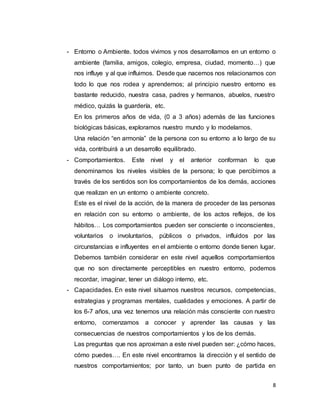 8
- Entorno o Ambiente. todos vivimos y nos desarrollamos en un entorno o
ambiente (familia, amigos, colegio, empresa, ciudad, momento…) que
nos influye y al que influimos. Desde que nacemos nos relacionamos con
todo lo que nos rodea y aprendemos; al principio nuestro entorno es
bastante reducido, nuestra casa, padres y hermanos, abuelos, nuestro
médico, quizás la guardería, etc.
En los primeros años de vida, (0 a 3 años) además de las funciones
biológicas básicas, exploramos nuestro mundo y lo modelamos.
Una relación “en armonía” de la persona con su entorno a lo largo de su
vida, contribuirá a un desarrollo equilibrado.
- Comportamientos. Este nivel y el anterior conforman lo que
denominamos los niveles visibles de la persona; lo que percibimos a
través de los sentidos son los comportamientos de los demás, acciones
que realizan en un entorno o ambiente concreto.
Este es el nivel de la acción, de la manera de proceder de las personas
en relación con su entorno o ambiente, de los actos reflejos, de los
hábitos… Los comportamientos pueden ser consciente o inconscientes,
voluntarios o involuntarios, públicos o privados, influidos por las
circunstancias e influyentes en el ambiente o entorno donde tienen lugar.
Debemos también considerar en este nivel aquellos comportamientos
que no son directamente perceptibles en nuestro entorno, podemos
recordar, imaginar, tener un diálogo interno, etc.
- Capacidades. En este nivel situamos nuestros recursos, competencias,
estrategias y programas mentales, cualidades y emociones. A partir de
los 6-7 años, una vez tenemos una relación más consciente con nuestro
entorno, comenzamos a conocer y aprender las causas y las
consecuencias de nuestros comportamientos y los de los demás.
Las preguntas que nos aproximan a este nivel pueden ser: ¿cómo haces,
cómo puedes…. En este nivel encontramos la dirección y el sentido de
nuestros comportamientos; por tanto, un buen punto de partida en
 