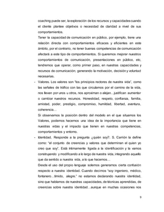 9
coaching puede ser, la exploración de los recursos y capacidadescuando
el cliente plantee objetivos o necesidad de claridad a nivel de sus
comportamientos.
Tener la capacidad de comunicación en público, por ejemplo, tiene una
relación directa con comportamientos eficaces y eficientes en este
ámbito, por el contrario, no tener buenas competencias de comunicación
afectará a este tipo de comportamientos. Si queremos mejorar nuestros
comportamientos de comunicación, presentaciones en público, etc,
tendremos que operar, como primer paso, en nuestras capacidades y
recursos de comunicación; generando la motivación, decisión y voluntad
necesarias.
- Valores. Los valores son “los principios rectores de nuestra vida”, como
las señales de tráfico con las que circulamos por el camino de la vida,
nos llevan por unos u otros, nos aproximan o alejan…justifican aumentar
o cambiar nuestros recursos. Honestidad, respeto, confianza, familia,
amistad, poder, prestigio, compromiso, humildad, libertad, aventura,
coherencia…
Si observamos la posición dentro del modelo en el que situamos los
Valores, podemos hacernos una idea de la importancia que tiene en
nuestras vidas y el impacto que tienen en nuestras competencias,
comportamientos y entorno.
- Identidad. Responde a la pregunta ¿quién soy?. S. Carrión la define
como: “el conjunto de creencias y valores que determinan el quien yo
creo que soy”. Está íntimamente ligada a la identificación y la vamos
construyendo y modificando a lo largo de nuestra vida, integrando aquello
que da sentido a nuestra vida, a lo que hacemos…
Desde el uso del propio lenguaje solemos generarnos cierta confusión
respecto a nuestra identidad. Cuando decimos “soy ingeniero, médico,
fontanero…tímido, alegre.” no estamos declarando nuestra identidad,
sino que hablamos de nuestras capacidades, de técnicas aprendidas, de
creencias sobre nuestra identidad…aunque en muchas ocasiones nos
 
