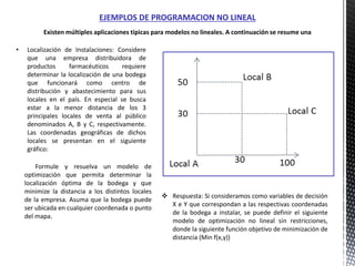 EJEMPLOS DE PROGRAMACION NO LINEAL
 Respuesta: Si consideramos como variables de decisión
X e Y que correspondan a las respectivas coordenadas
de la bodega a instalar, se puede definir el siguiente
modelo de optimización no lineal sin restricciones,
donde la siguiente función objetivo de minimización de
distancia (Min f(x,y))
Existen múltiples aplicaciones típicas para modelos no lineales. A continuación se resume una
• Localización de Instalaciones: Considere
que una empresa distribuidora de
productos farmacéuticos requiere
determinar la localización de una bodega
que funcionará como centro de
distribución y abastecimiento para sus
locales en el país. En especial se busca
estar a la menor distancia de los 3
principales locales de venta al público
denominados A, B y C, respectivamente.
Las coordenadas geográficas de dichos
locales se presentan en el siguiente
gráfico:
Formule y resuelva un modelo de
optimización que permita determinar la
localización óptima de la bodega y que
minimize la distancia a los distintos locales
de la empresa. Asuma que la bodega puede
ser ubicada en cualquier coordenada o punto
del mapa.
 