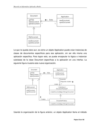 Maestría en Informática Aplicada a Redes
Página 33 de 190
Lo que no queda claro aun, es cómo un objeto Application puede crear instancias de
clases de documentos específicos para esa aplicación, sin ser ella misma una
aplicación específica. Para lograr esto, se puede encapsular la lógica e instanciar
subclases de la clase Document específicas a la aplicación en una interfaz. La
siguiente figura muestra esta nueva organización.
Usando la organización de la figura anterior, un objeto Application llama al método
 