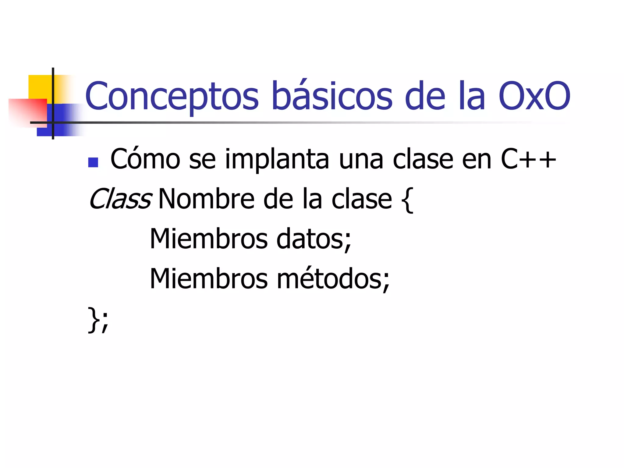 Conceptos básicos de la OxONombre de la claseNombre_atributo1: tipo dato1= valor defecto1Nombre_atributo2: tipo dato2= valor defecto2...Nombre_operación1(lista de argumento):tipo_resultado1Nombre_operación2 (lista de argumento):tipo_resultado2...