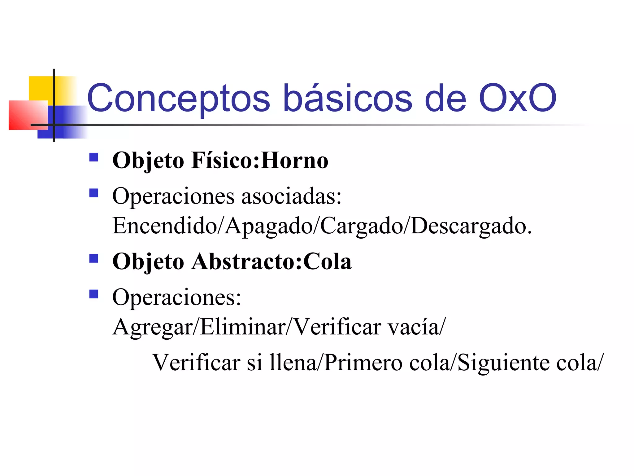 Conceptos básicos de OxO
 Objeto Físico:Horno
 Operaciones asociadas:
Encendido/Apagado/Cargado/Descargado.
 Objeto Abstracto:Cola
 Operaciones:
Agregar/Eliminar/Verificar vacía/
Verificar si llena/Primero cola/Siguiente cola/
 