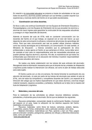 CEIP San Pedro de Alcántara
Programaciones del Equipo de Orientación. Curso 2016-2017
89
En relación a la comunidad educativa se propone a través de actividades en las que
todos los alumnos y alumnas puedan participar con sus familias y puedan exponer sus
experiencias y vivencias dentro del Centro en el que están escolarizados.
i. Coordinación con otros docentes.
Se lleva a cabo una continua Coordinación con los Equipos de Orientación Educativa y
Psicopedagógica y con los Equipos de Orientación de los que proceden los alumnos y
alumnas de nuevo ingreso para garantizar la continuidad de las respuestas educativas
y conseguir un mejor desarrollo del discente.
Además el docente del aula de ATAL está en constante comunicación con los
docentes del Centro en el que trabaja, en especial con el tutor del menor, ya que
depende de esta comunicación la eficacia y coherencia del proceso de aprendizaje del
niño/a. Para que esta comunicación sea real se pueden utilizar diversos métodos
como las nuevas tecnologías de la información y la comunicación. En este sentido, el
Ministerio de Educación y Ciencia considera que la participación de otros
profesionales a veces ajenos al Centro al que pertenece el niño/a, nunca debe servir
de coartada al tutor para no responsabilizarse ante las necesidades educativas que
puedan plantear algunos alumnos y alumnas. Por ello, la importancia de que todos los
profesionales que intervienen en la educación del individuo muestran responsabilidad
en el proceso educativo del mismo.
Se realiza una diaria colaboración con los tutores del aula ordinaria del alumnado.
Recogiendo toda la información necesaria para que el docente de las unidades de Adaptación
Lingüística pueda realizar la intervención con eficacia, así como el plan de trabajo adecuado
para cada sujeto.
El Centro cuenta con un día a la semana. Se intenta fomentar la coordinación de una
atención del alumnado, no solo por parte de los tutores del alumnado que asisten al aula de
ATAL, sino de todos los compañeros y compañeras docentes del Centro y en especial de la
Dirección del colegio que se implica especialmente en que estos alumnos y alumnas tengan
material necesario, espacios accesibles y señalados, facilitando así la labor de la maestra del
Aula de Adaptación Lingüística.
4. Materiales y recursos del aula.
Para la realización de las actividades se utilizan recursos didácticos variados,
polivalentes y motivantes para el alumnado. De los que se destacan los siguientes:
Recursos ambientales: comprenden desde la conformación flexible y funcional
del espacio en el aula, hasta la utilización de los distintos espacios del Centro
destinados a la educación.
Recursos materiales: como libros de lectura, cartulinas, posters, lápices,
cuadernillos, pizarra, fichas, ordenadores, radio y películas variadas, entre otros.
Material informático: matemáticas con Pipo, aprendo a leer con Pipo, juegos
para el ordenador variados, pictogramas, palabras con dibujos y diferentes direcciones
webs, como por ejemplo:
·www.educalandia.net
 
