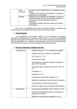 C.E.I.P. SAN PEDRO DE ALCÁNTARA
CURSO 2016/17
9
leve/
moderada
consiga la mayor independencia en la realización de las
tareas.
- Selección de contenidos encaminados a conseguir la
autonomía en su vida diaria.
Dislexia -Realización de actividades de lateralidad y conciencia
espacio-temporal, ejercicios de atención y trabajo con
las letras en las que existe alguna omisión o
sustitución.
-Actividades divertidas: atención, juegos con la Matriz
de las letras.
En resumen, la metodología será activa, participativa, flexible y adaptada a las
características y necesidades concretas del alumno en cada situación.
Temporalización
La temporalización será flexible debido a que el desarrollo de objetivos,
contenidos y actividades que se llevarán a cabo están en función de las Necesidades
Educativas Especiales del alumnado. Por lo tanto, habrá alumnos/as que consigan los
objetivos planteados en un tiempo concreto mientras que otros alumnos/as precisen
de un período más largo para alcanzar los objetivos propuestos para él.
Recursos materiales y didácticos del AAI.
Lectoescritura Cartillas de lectura 1, 2, 3 y cuadernos Letrilandia.
Cartillas de lectura y cuadernos, editorial SM.
“Ven  a  Leer”  nº  1,  2,  3.
“Cuentos  para  hablar”.
Libros de texto, cuadernos de trabajo de Lengua, 1º
Ciclo: PUPI, Santillana.
Cuadernos Aljibe: Lecturas comprensivas del 1º al
12º.
Vocabulario: 1º.
Gramática: 2º y 3º.
Cuadernos de Vacaciones Santillana 1º, 2º.
Materiales manipulativos para la lectura de palabras.
Lottos  fonéticos,  secuencias  temporales,….
Lottos de imágenes para el fomento del vocabulario.
Matemáticas Libros de textos Santillana, SM, La Galera (1º a 4º)
Colección de operaciones básicas y resolución de
problemas. Ed. Bruño.
Material manipulativo para el trabajo de u,d,c y
 