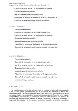 CEIP San Pedro de Alcántara.
Programación de Refuerzo Educativo de Educación Infantil. Curso 2016/17
- Uso de un lenguaje acorde a su edad y de forma funcional.
- Empleo de habilidades sociales.
- Valoración y uso de las normas de cortesía.
- Adquisición de contenidos relacionados con la lógica-matemática.
- Desarrollo de actividades que implican motricidad fina.
3.2. NIVEL DE 4 AÑOS
- Aumento de vocabulario.
- Desarrollo de habilidades de concentración y atención.
- Uso de un lenguaje acorde a su edad y de forma funcional.
- Empleo de habilidades sociales.
- Valoración y uso de las normas de cortesía.
- Adquisición de contenidos relacionados con la lógica-matemática.
- Desarrollo de actividades que implican el uso de la motricidad fina.
3.3. NIVEL DE 5 AÑOS
- Aumento de vocabulario.
- Desarrollo de habilidades de concentración y atención.
- Uso de un lenguaje acorde a su edad y de forma funcional.
- Empleo de habilidades sociales.
- Valoración y uso de las normas de cortesía.
- Adquisición de contenidos relacionados con la lógica-matemática.
- Desarrollo de actividades que implican el uso de la motricidad fina.
- Iniciación a la lecto-escritura.
4. METODOLOGÍA
La metodología a emplear con este alumnado se centrará en la atención individualizada
o en pequeño grupo, potenciándose así la adquisición de contenidos y habilidades
satisfactoriamente. De una manera lúdica se reforzará al alumno positivamente en cada una
de sus actividades y se emplearán diversos materiales que puedan funcionar como soporte
al aprendizaje, creándose así un vínculo de confianza entre el alumno y la maestra de
refuerzo que permita al niño trabajar de forma motivada en un entorno de calidez y
seguridad. Se trabajarán de forma activa contenidos asociados a la lógica-matemática,
 