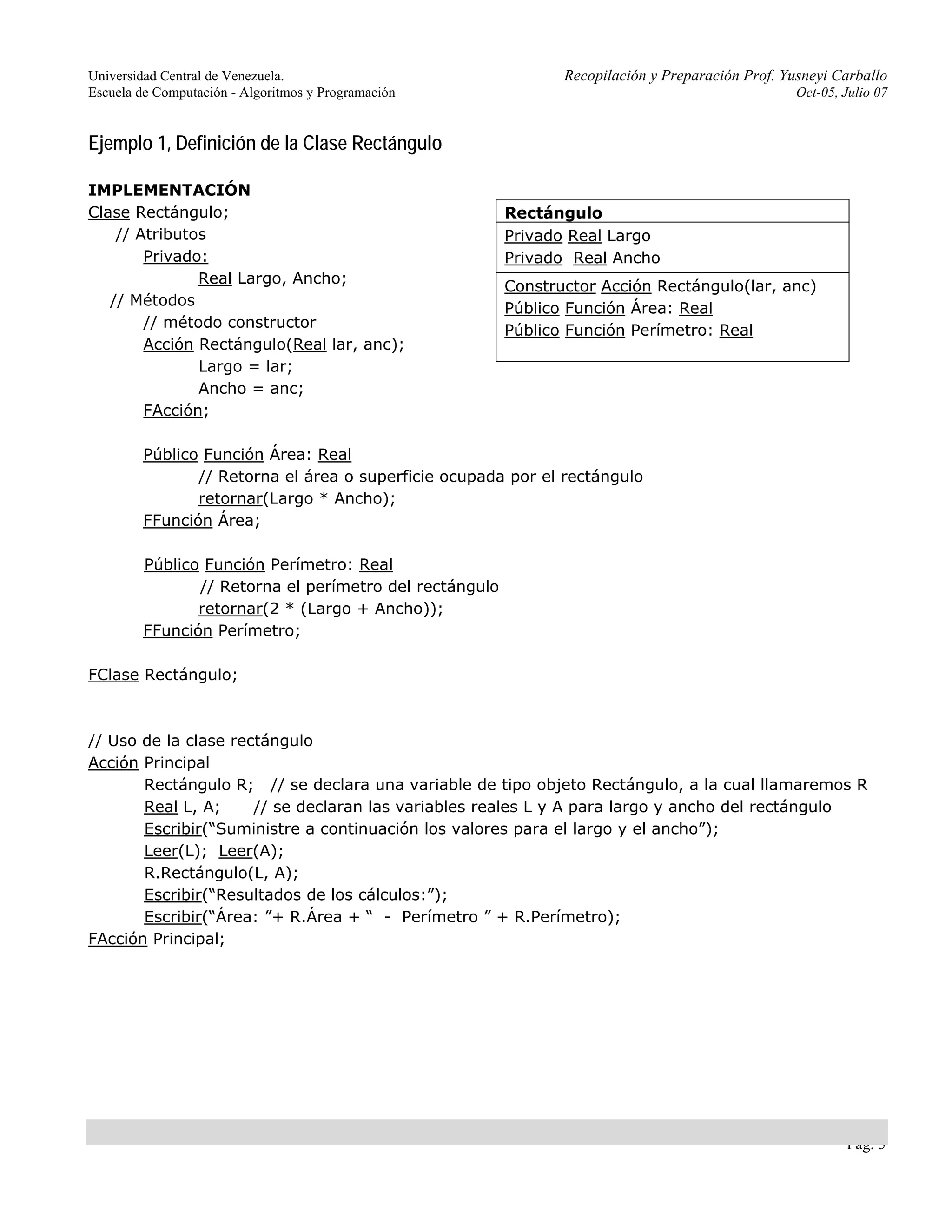 Universidad Central de Venezuela. Recopilación y Preparación Prof. Yusneyi Carballo 
Escuela de Computación - Algoritmos y Programación Oct-05, Julio 07 
Pág. 5 
Ejemplo 1, Definición de la Clase Rectángulo 
IMPLEMENTACIÓN 
Clase Rectángulo; 
// Atributos 
Privado: 
Real Largo, Ancho; 
// Métodos 
// método constructor 
Acción Rectángulo(Real lar, anc); 
Largo = lar; 
Ancho = anc; 
FAcción; 
Rectángulo 
Privado Real Largo 
Privado Real Ancho 
Constructor Acción Rectángulo(lar, anc) 
Público Función Área: Real 
Público Función Perímetro: Real 
Público Función Área: Real 
// Retorna el área o superficie ocupada por el rectángulo 
retornar(Largo * Ancho); 
FFunción Área; 
Público Función Perímetro: Real 
// Retorna el perímetro del rectángulo 
retornar(2 * (Largo + Ancho)); 
FFunción Perímetro; 
FClase Rectángulo; 
// Uso de la clase rectángulo 
Acción Principal 
Rectángulo R; // se declara una variable de tipo objeto Rectángulo, a la cual llamaremos R 
Real L, A; // se declaran las variables reales L y A para largo y ancho del rectángulo 
Escribir(“Suministre a continuación los valores para el largo y el ancho”); 
Leer(L); Leer(A); 
R.Rectángulo(L, A); 
Escribir(“Resultados de los cálculos:”); 
Escribir(“Área: ”+ R.Área + “ - Perímetro ” + R.Perímetro); 
FAcción Principal; 
 