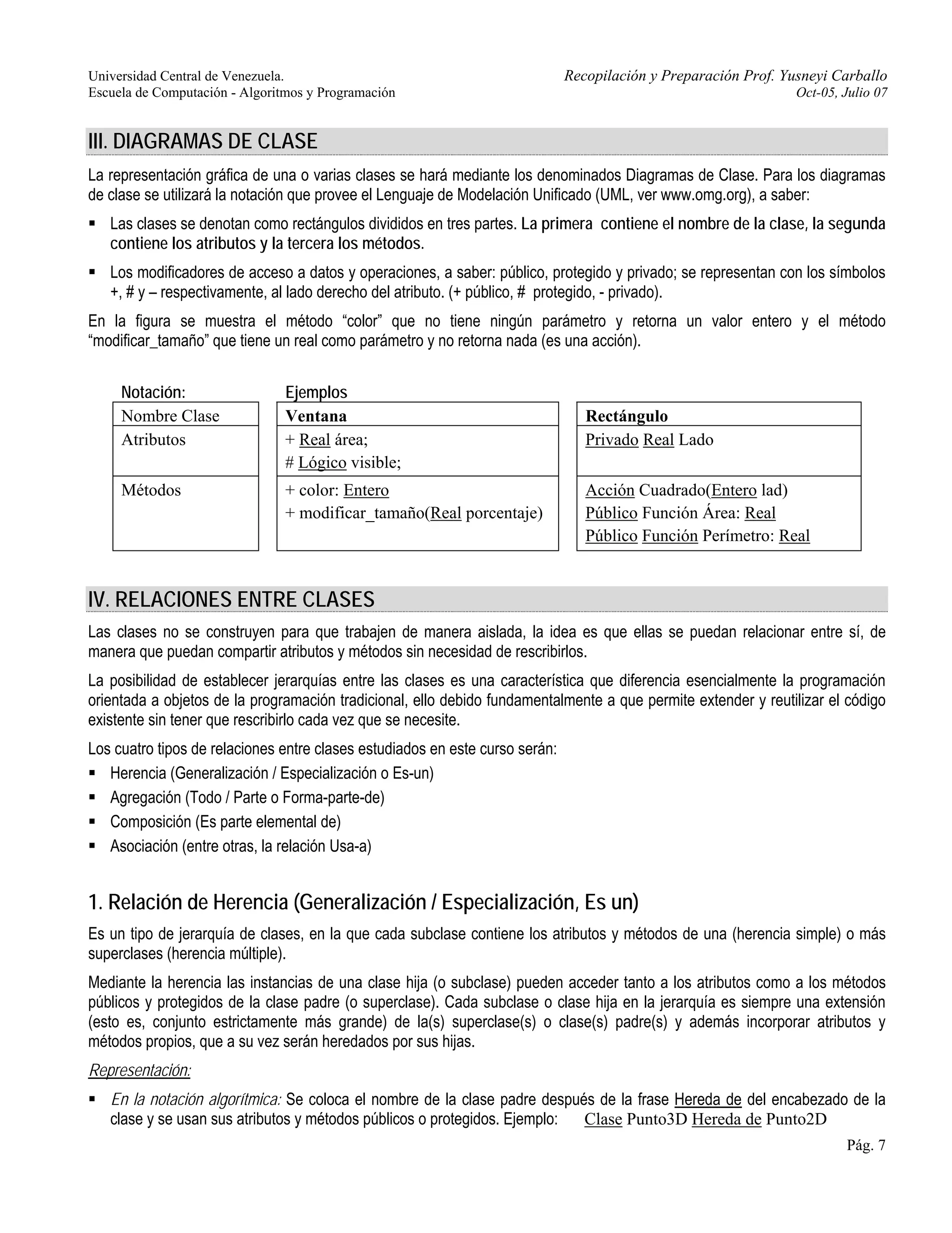 Universidad Central de Venezuela. Recopilación y Preparación Prof. Yusneyi Carballo 
Escuela de Computación - Algoritmos y Programación Oct-05, Julio 07 
III. DIAGRAMAS DE CLASE 
La representación gráfica de una o varias clases se hará mediante los denominados Diagramas de Clase. Para los diagramas 
de clase se utilizará la notación que provee el Lenguaje de Modelación Unificado (UML, ver www.omg.org), a saber: 
ƒ Las clases se denotan como rectángulos divididos en tres partes. La primera contiene el nombre de la clase, la segunda 
contiene los atributos y la tercera los métodos. 
ƒ Los modificadores de acceso a datos y operaciones, a saber: público, protegido y privado; se representan con los símbolos 
+, # y – respectivamente, al lado derecho del atributo. (+ público, # protegido, - privado). 
En la figura se muestra el método “color” que no tiene ningún parámetro y retorna un valor entero y el método 
“modificar_tamaño” que tiene un real como parámetro y no retorna nada (es una acción). 
Pág. 7 
Notación: Ejemplos 
Nombre Clase Ventana Rectángulo 
Atributos + Real área; 
# Lógico visible; 
Privado Real Lado 
Métodos + color: Entero 
+ modificar_tamaño(Real porcentaje) 
Acción Cuadrado(Entero lad) 
Público Función Área: Real 
Público Función Perímetro: Real 
IV. RELACIONES ENTRE CLASES 
Las clases no se construyen para que trabajen de manera aislada, la idea es que ellas se puedan relacionar entre sí, de 
manera que puedan compartir atributos y métodos sin necesidad de rescribirlos. 
La posibilidad de establecer jerarquías entre las clases es una característica que diferencia esencialmente la programación 
orientada a objetos de la programación tradicional, ello debido fundamentalmente a que permite extender y reutilizar el código 
existente sin tener que rescribirlo cada vez que se necesite. 
Los cuatro tipos de relaciones entre clases estudiados en este curso serán: 
ƒ Herencia (Generalización / Especialización o Es-un) 
ƒ Agregación (Todo / Parte o Forma-parte-de) 
ƒ Composición (Es parte elemental de) 
ƒ Asociación (entre otras, la relación Usa-a) 
1. Relación de Herencia (Generalización / Especialización, Es un) 
Es un tipo de jerarquía de clases, en la que cada subclase contiene los atributos y métodos de una (herencia simple) o más 
superclases (herencia múltiple). 
Mediante la herencia las instancias de una clase hija (o subclase) pueden acceder tanto a los atributos como a los métodos 
públicos y protegidos de la clase padre (o superclase). Cada subclase o clase hija en la jerarquía es siempre una extensión 
(esto es, conjunto estrictamente más grande) de la(s) superclase(s) o clase(s) padre(s) y además incorporar atributos y 
métodos propios, que a su vez serán heredados por sus hijas. 
Representación: 
ƒ En la notación algorítmica: Se coloca el nombre de la clase padre después de la frase Hereda de del encabezado de la 
clase y se usan sus atributos y métodos públicos o protegidos. Ejemplo: Clase Punto3D Hereda de Punto2D 
 